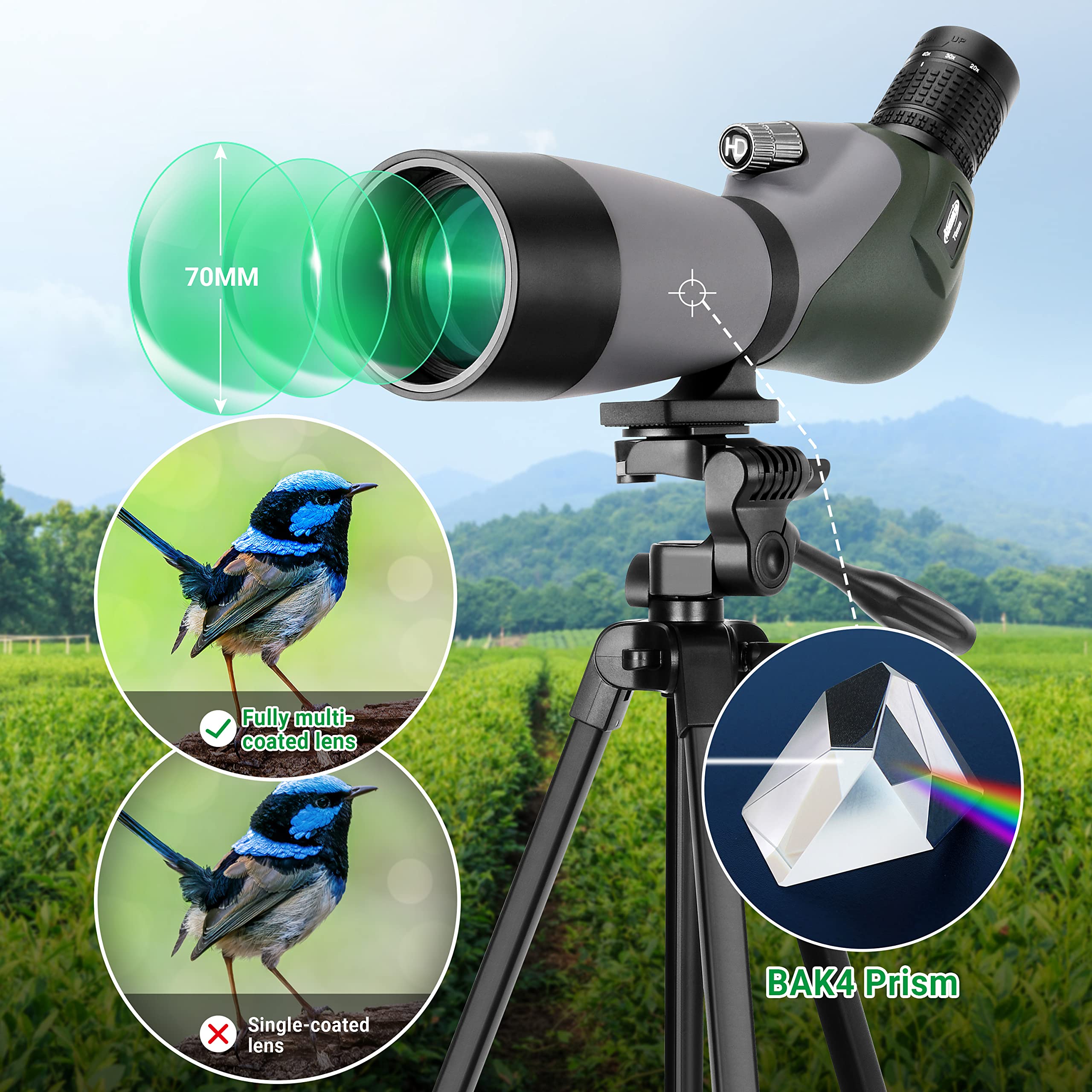 Aomekie Telescopio Terrestre 20–60x70 Impermeable con Trípode Ajustable con Adaptador para Teléfono Móvil