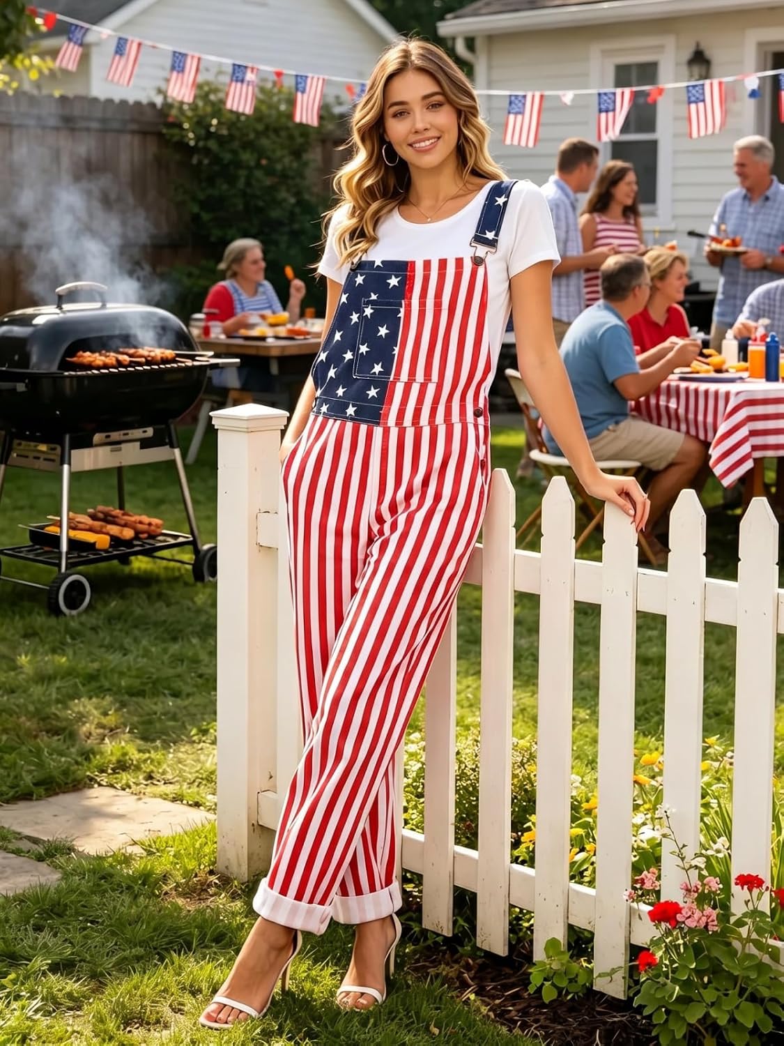 WORK IDEA Women's American Flag Overalls - 250th Anniversary Patriotic USA Stretch Cotton Bibs 4th of July