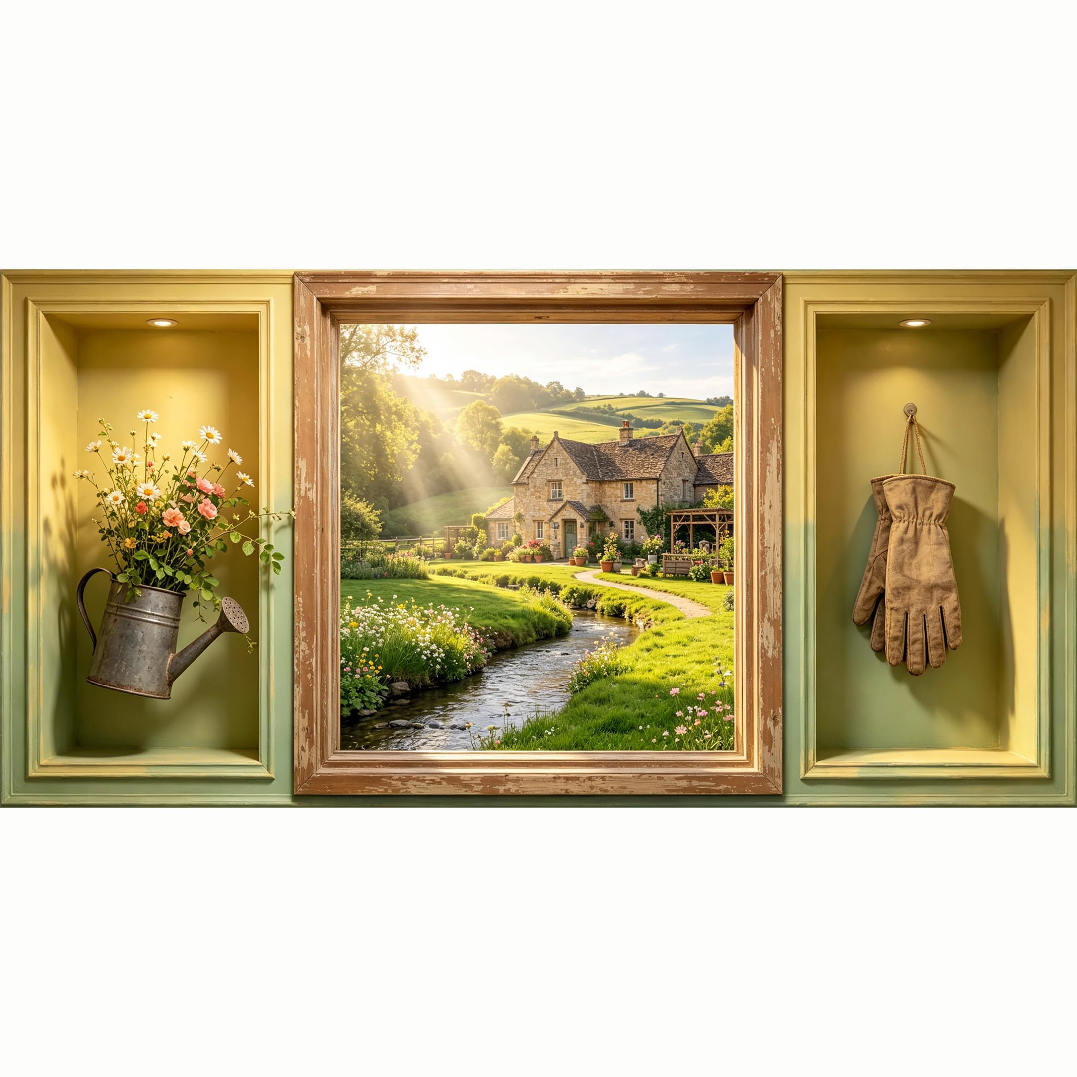 QZLITHOTIC 50x100cm 3D Framed Wall Art， Countryside Cottage Landscape Self‑Adhesive Mural， Water‑Activated Peel & Stick Fabric Decor Wall Decal for Bedroom Living Room