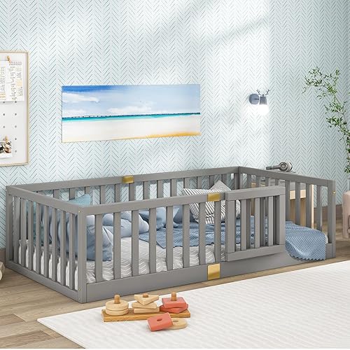 Miniatura 77 de Tatub Cama Montessori de suelo individual con rieles altos, marco de cama Montessori de madera maciza para niños, la entrada se puede instalar a
