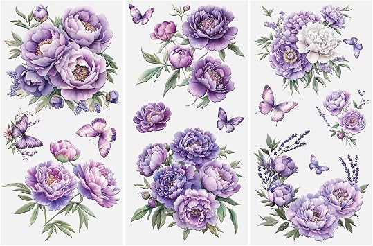 Flowers Rub on Transfer Stickers, 3 Sheets Peony Theme Furniture Transfer Sticker Decals Purple Floral Decals for Crafts Decor Wood Drawer Cabinet Ceramic