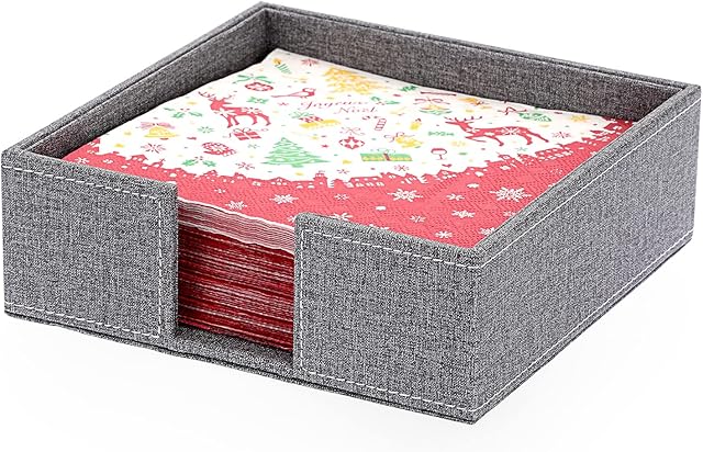 BTSKY Linen Square Napkin Holder - Cocktail Napkins, Napkin Box Tissue Holder for Dining Table Kitchen Restaurant Hotel Reception and Parties, Tabletop Storage Holder Organizer, Grey