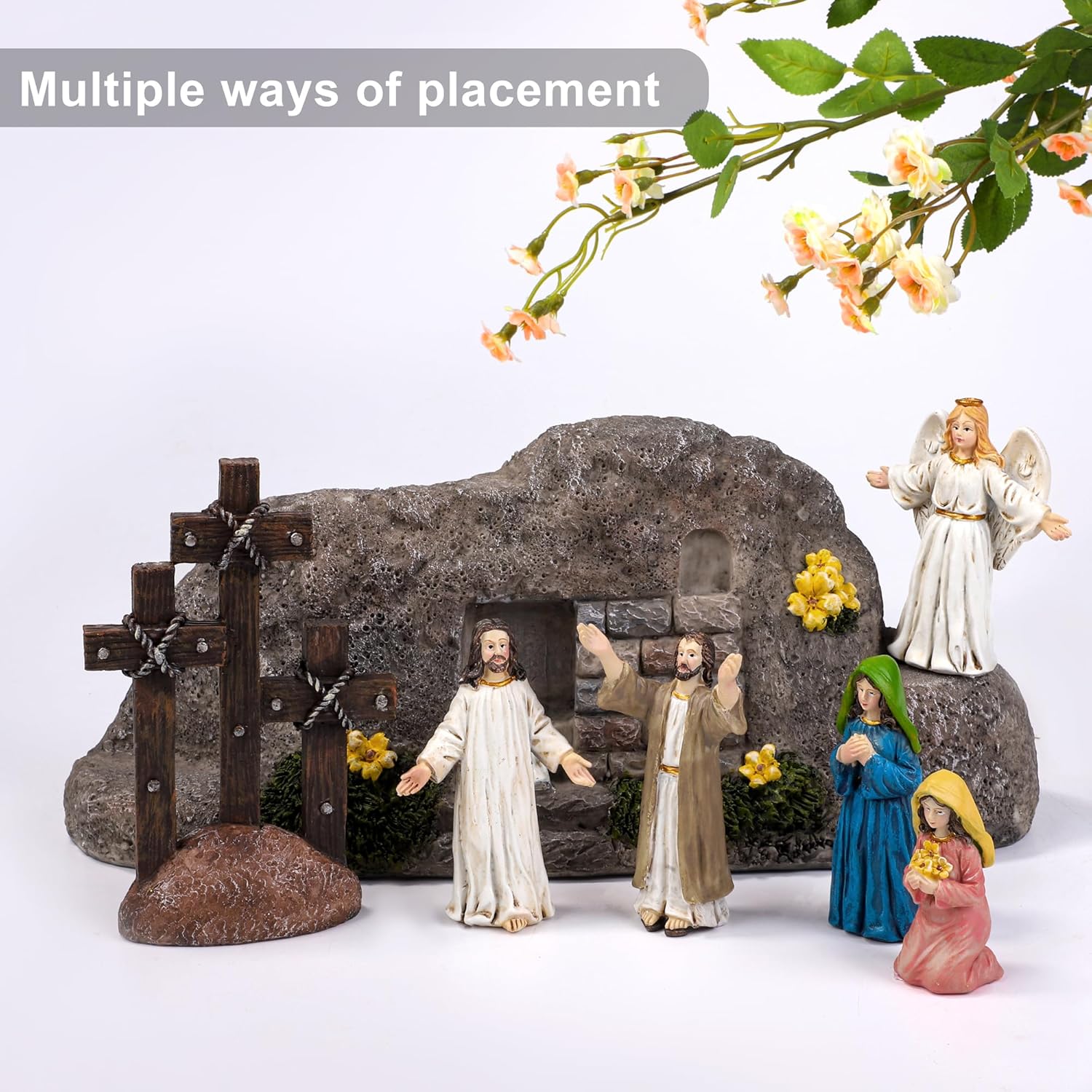Fovths 7 Pack Easter Resurrection Scene Cross Table Decor Easter Resin Tabletop Ornaments Jesus Statue Centerpieces Decor for Home Kitchen Holiday Decoration