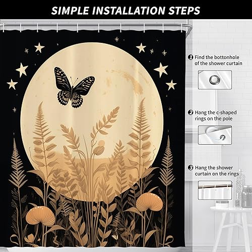 Miniatura 6 de Cortina de ducha retro con diseño de mariposa y luna para baño, 72 pulgadas de ancho x 72 pulgadas de alto, flores, plantas, hierbas, decoración de