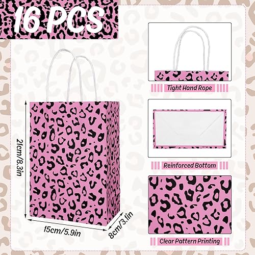 Miniatura 2 de Whaline 16 bolsas de regalo con estampado de leopardo con asas, bolsas de papel de estraza con estampado de leopardo rosa, bolsas de regalo de