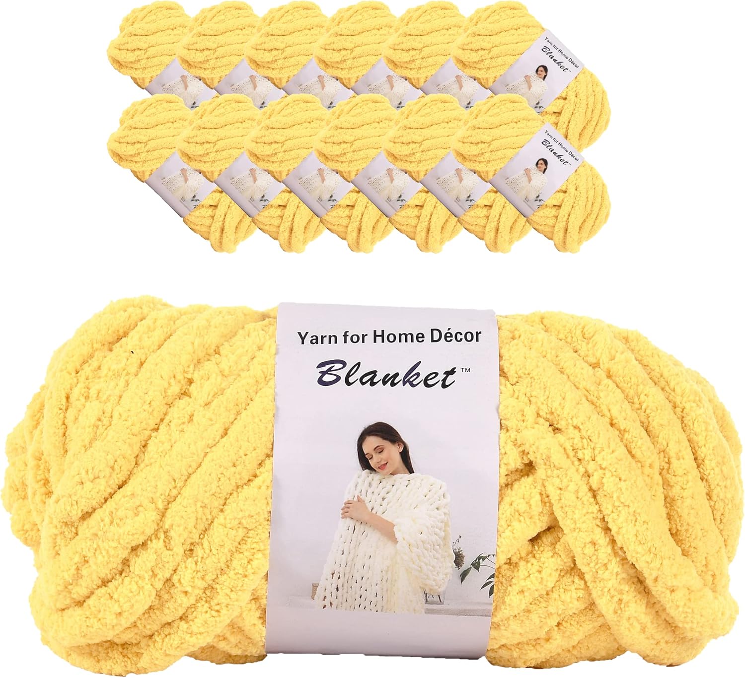 Chenille Chunky Yarn Arm Knitting Thick Bulky DIY for Knit Blanket Cushion Bed Sofa Home Decor (Yellow,12-Pack,3kg/6.6 lb)