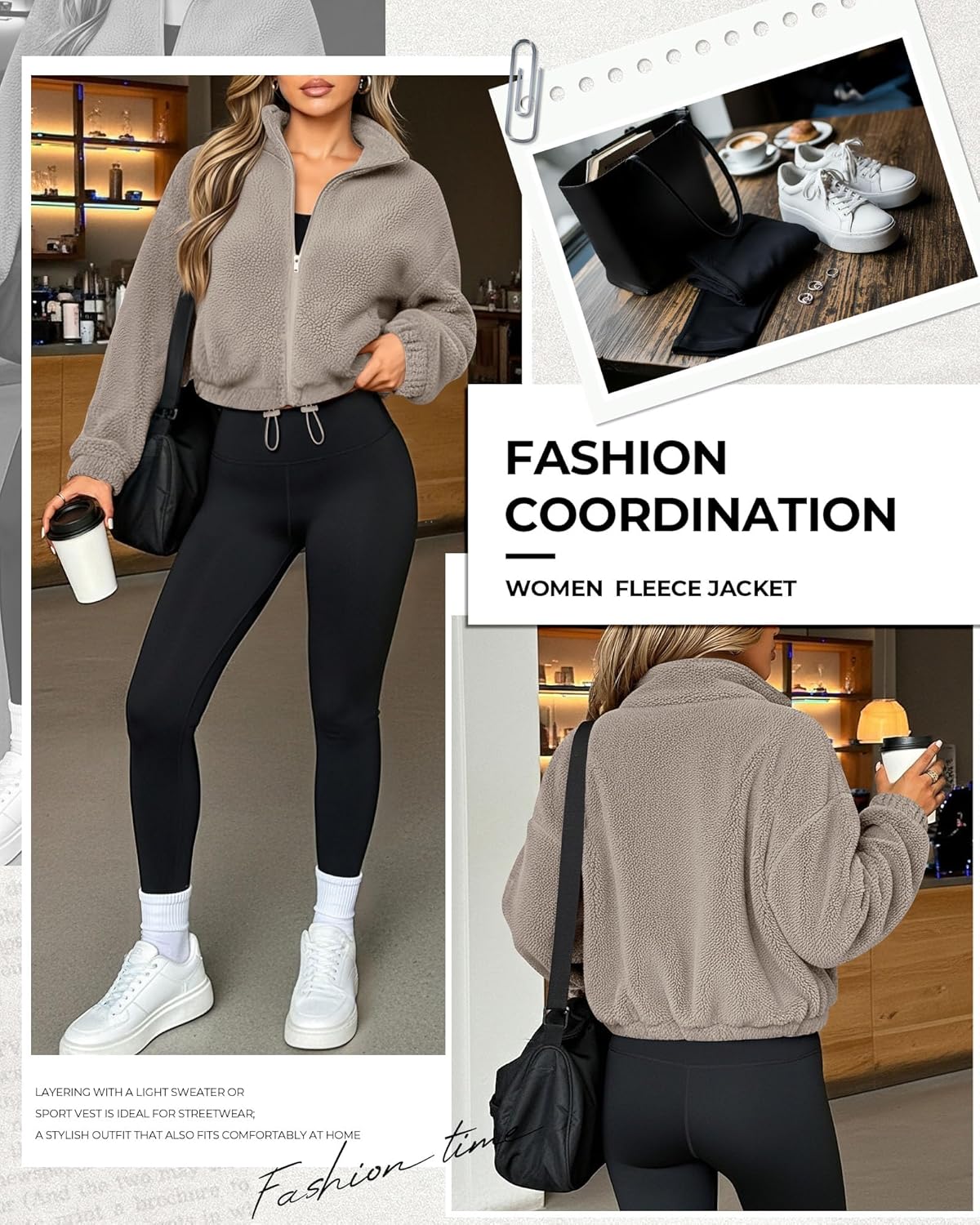 Riyiper Women's Fleece Jacket Cropped Zip Up Lightweight Sweatshirts Stand Collar Winter Sherpa Long Sleeve Coat 2025 Trendy(Khaki,XX-Large) - Image 3