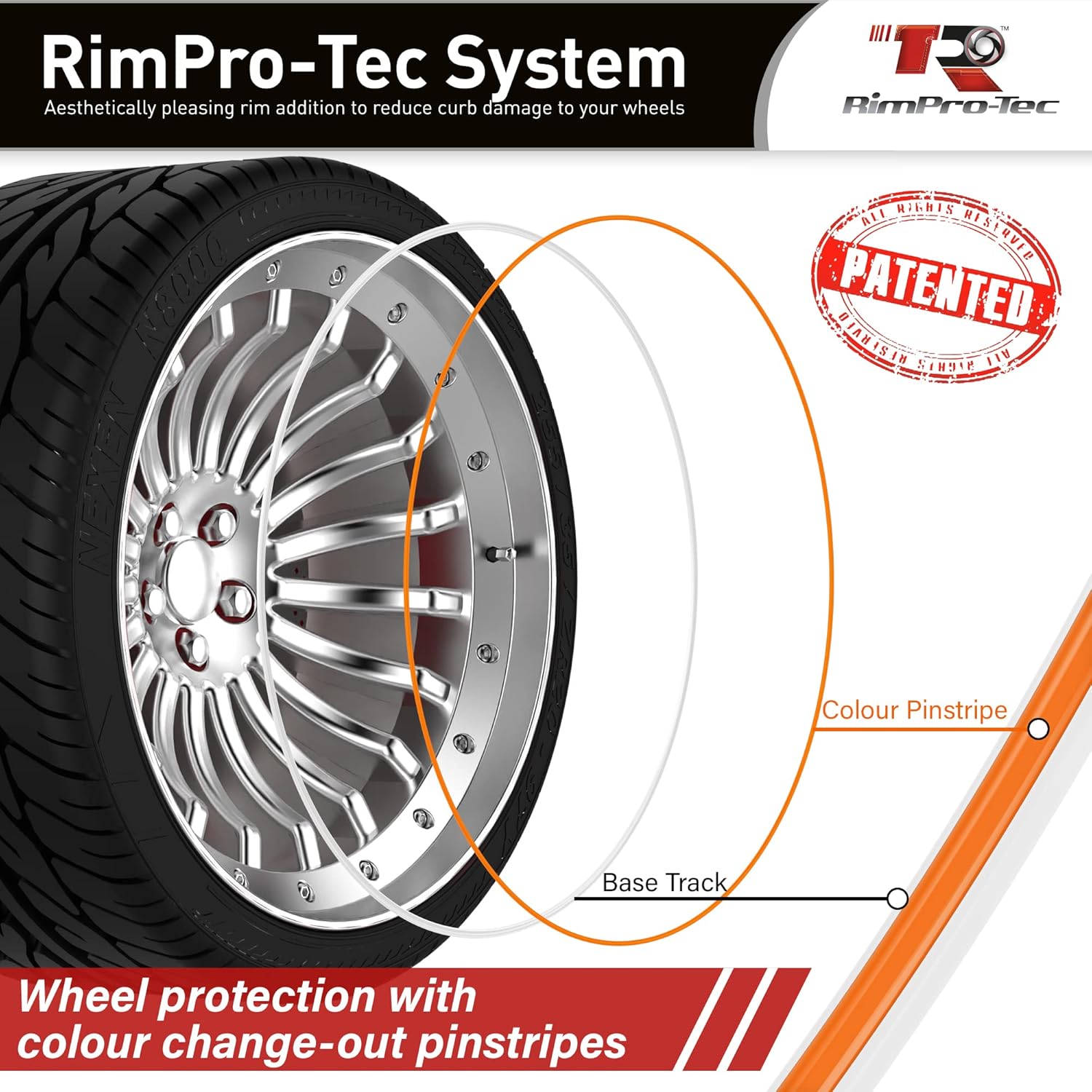 Rimpro-Tec Wheel Bands Rim Protectors for Car Wheels for Protection and Decor, Durable All-Weather Rims Protectors Easy-to-Install Rim Guard Fit from 12" to 22" Wheels Base: White, Inner: Orange.