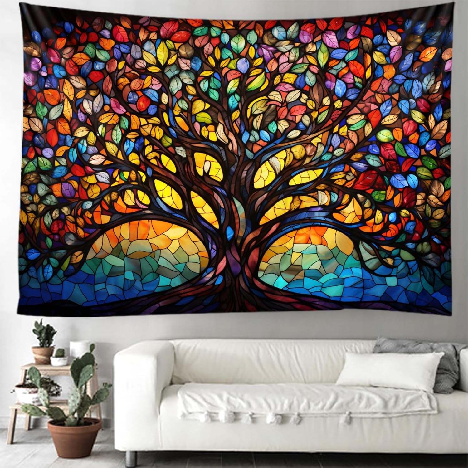 Tree of Life Wall Hanging Decor Tapestry with Stained Glass Colorful Wall Art Large Tapestry Mural Decor Photograph Backdrop Blanket Curtain Home Bedroom Living Room Decoration