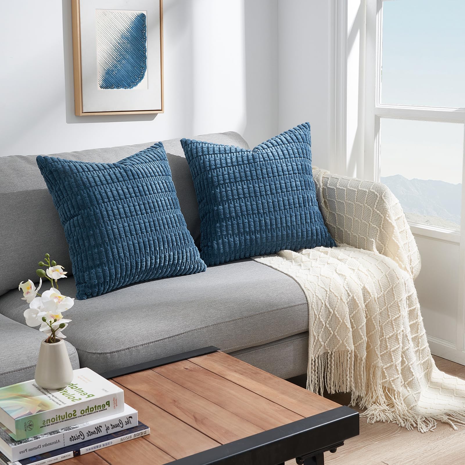Topfinel Dusty Blue Cushion Covers 40cm x 40cm,Corduroy Decorative Fluffy Pillows Cases,Cushions Cover 16x16 inches with Invisible Zipper for Sofa Bed Livingroom Bedroom,Pack of 2 - Image 3