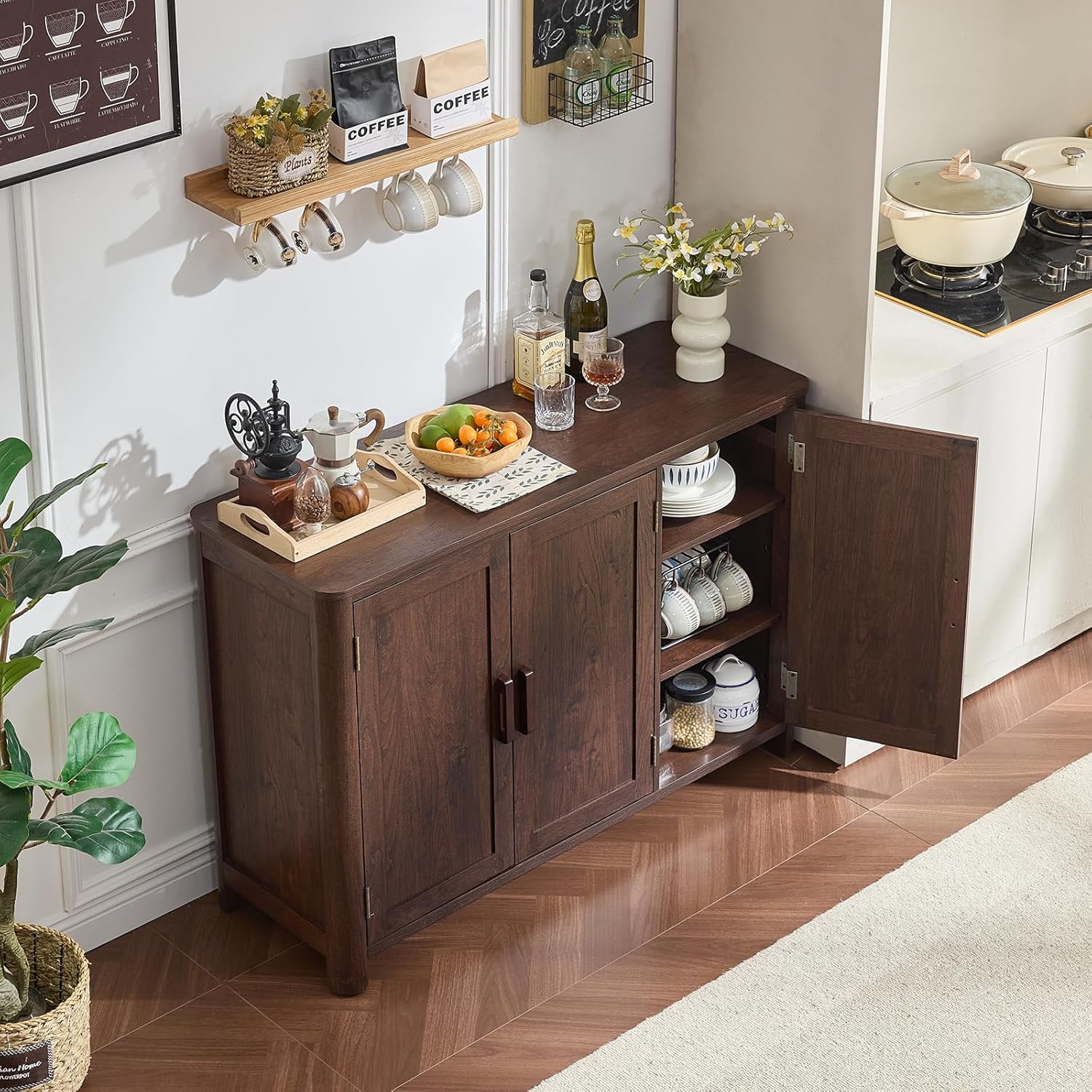 Joaxswe Sideboard Buffet Cabinet with Storage, 46" Arc-Shaped Credenza with 3 Doors & Adjustable Shelves, Mid Century Modern Coffee Bar Cabinet for Kitchen, Living Room, Walnut