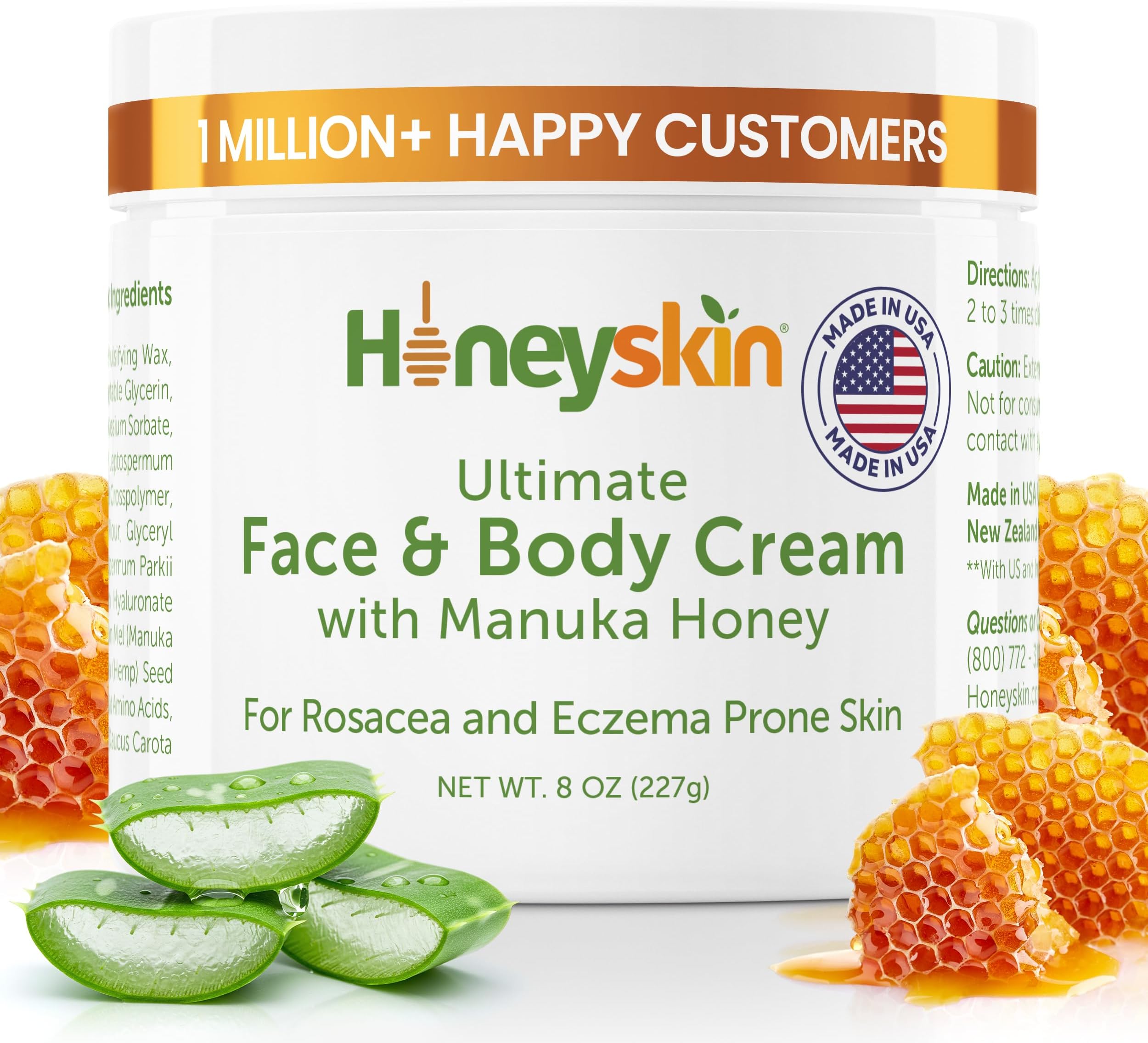 Hydrating Face Moisturizer & Body Cream with Manuka Honey Cream - Organic Face Moisturizer with Honey for Extremely Dry Skin - for Dry & Itchy Skin, Rosacea & Eczema Prone Skin 8oz