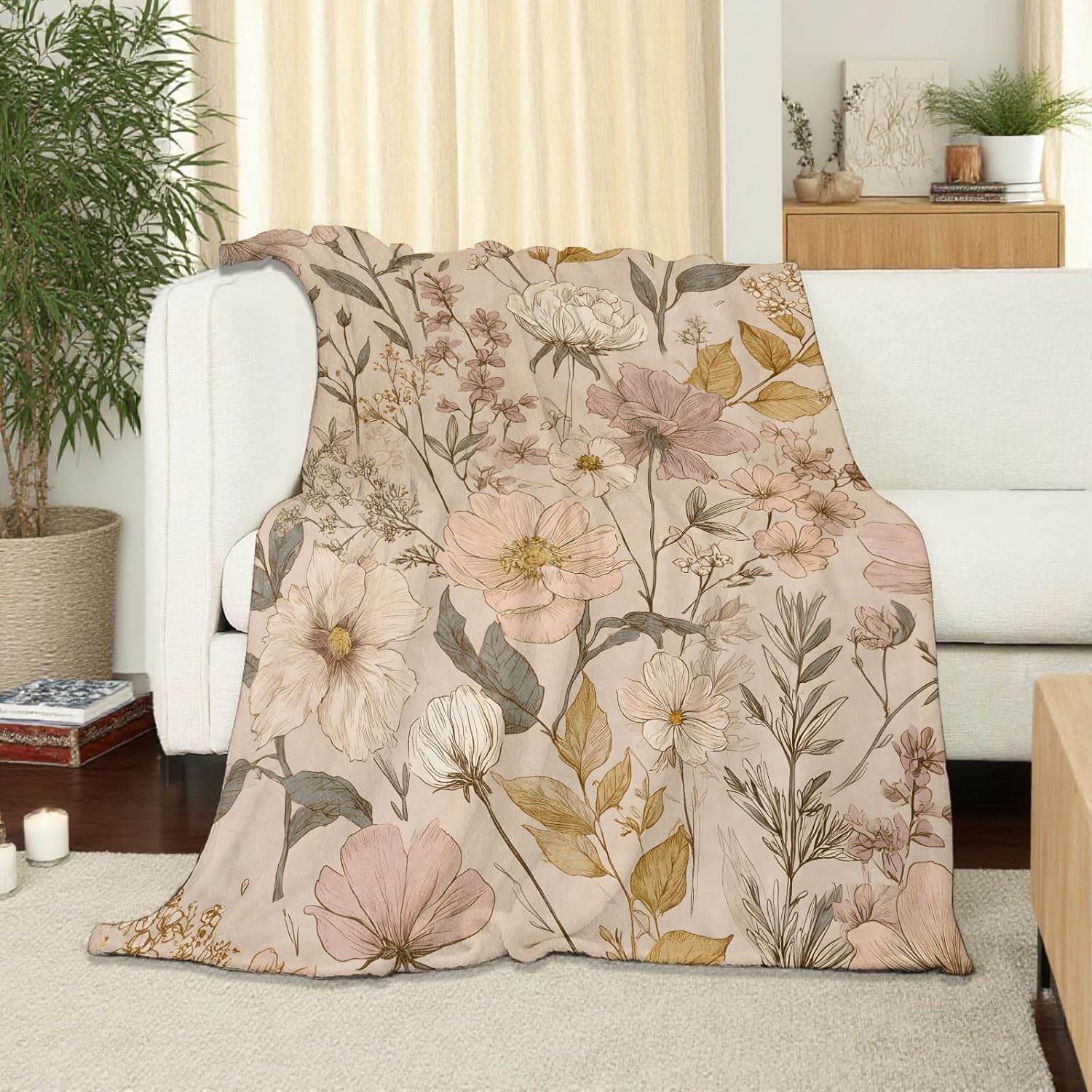 Vintage Botanical Throw Blanket Soft Cozy Lightweight Flannel Blankets with Wildflower and Leaf Printed for Women Bedroom Dorm Office Elegant Neutral Floral Decor Gifts 50x60 Inch