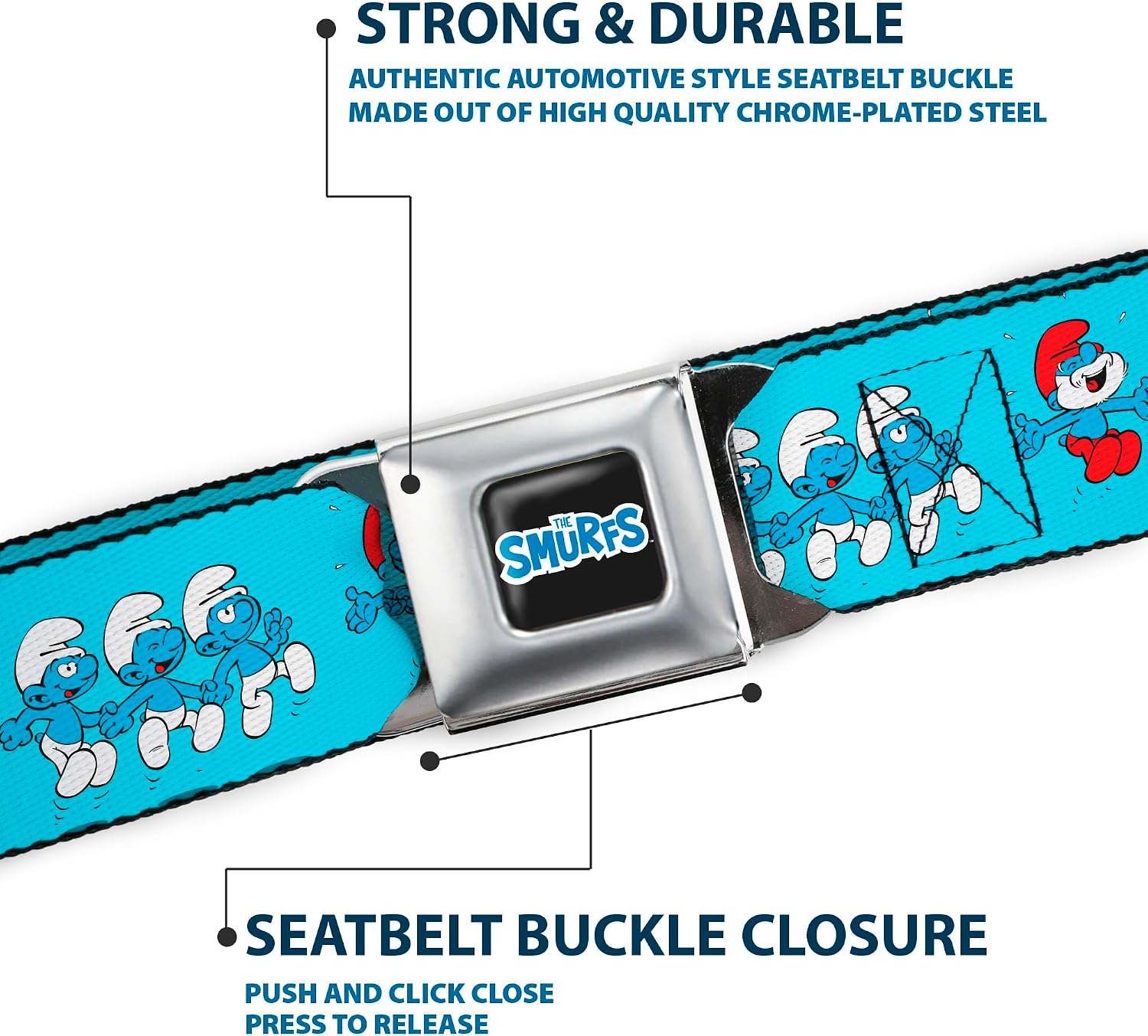The Smurfs Belt, Seatbelt Buckle Belt, The Smurfs Seven Character Group Holding Hands Jumping Blue, Adjustable