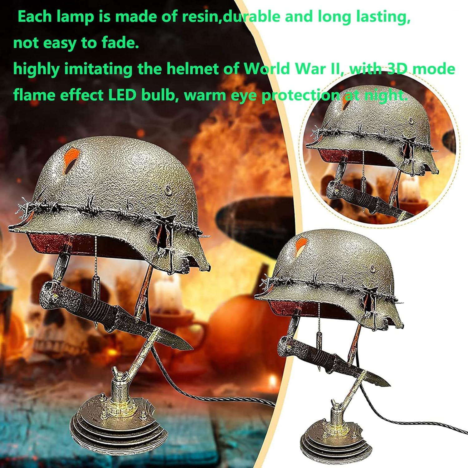 War Lamp with LED 2023 Halloween Decor Lamp, War II Helmet Lamp War Element Ornament Statue Made Out of World War II Soldier's Helmet and Bayonet War Retro Resin Desk Lamp,C