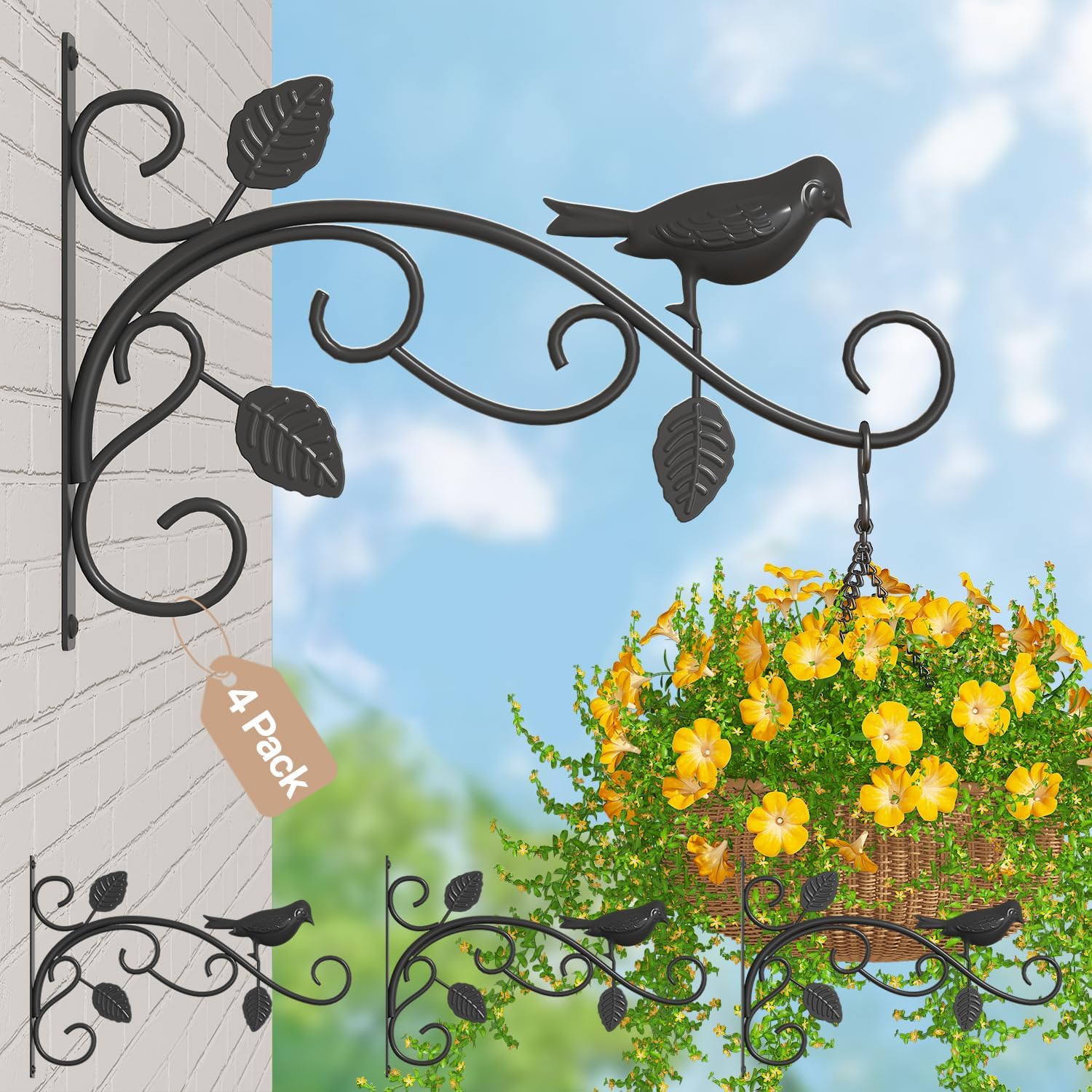 iDavosic.ly Plant Hangers Outdoor 4-Pack, 12 Inch Heavy Duty Iron Wall Brackets for Hanging Plants, Baskets, Bird Feeders, Lanterns, Wind Chimes, Indoor Metal Hooks for Garden Porch Patio, Black