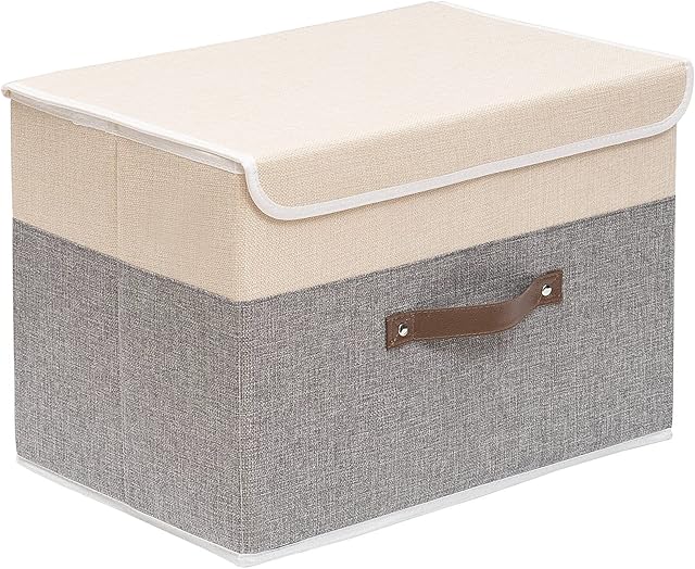 OUTBROS Large Collapsible Storage Box with Lid, Linen Fabric Clothing Shelf Basket Bins Toy Box For Towels, Books, Clothes 17.7 x 11.8 x 11.8 inch (Beige/Grey, 1-Pack)