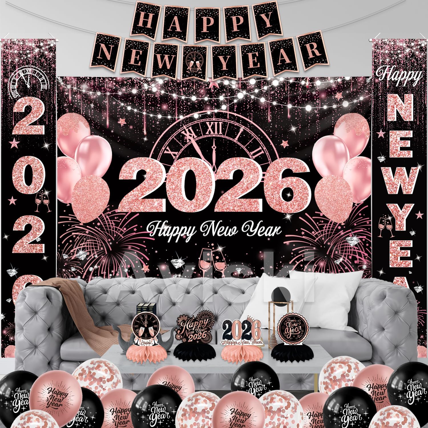 New Years Eve Party Decorations, Pink Happy New Year 2026 Decorations for Party Supplies - Including Garland Banner, Background Banner, Table Centerpieces, Door/Wall Banner, Balloons