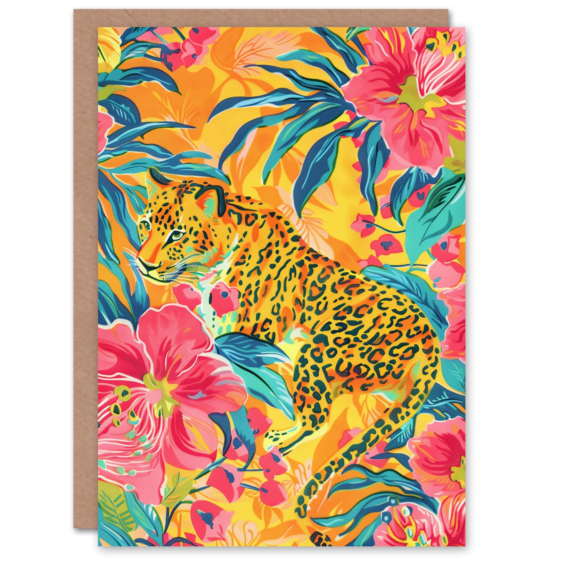 Artery8 Birthday Card Jaguar Cat in Exotic Pink Orchid Flowers Painting Bright For Her Gran Sister Niece Daughter Wife Woman Greeting Card