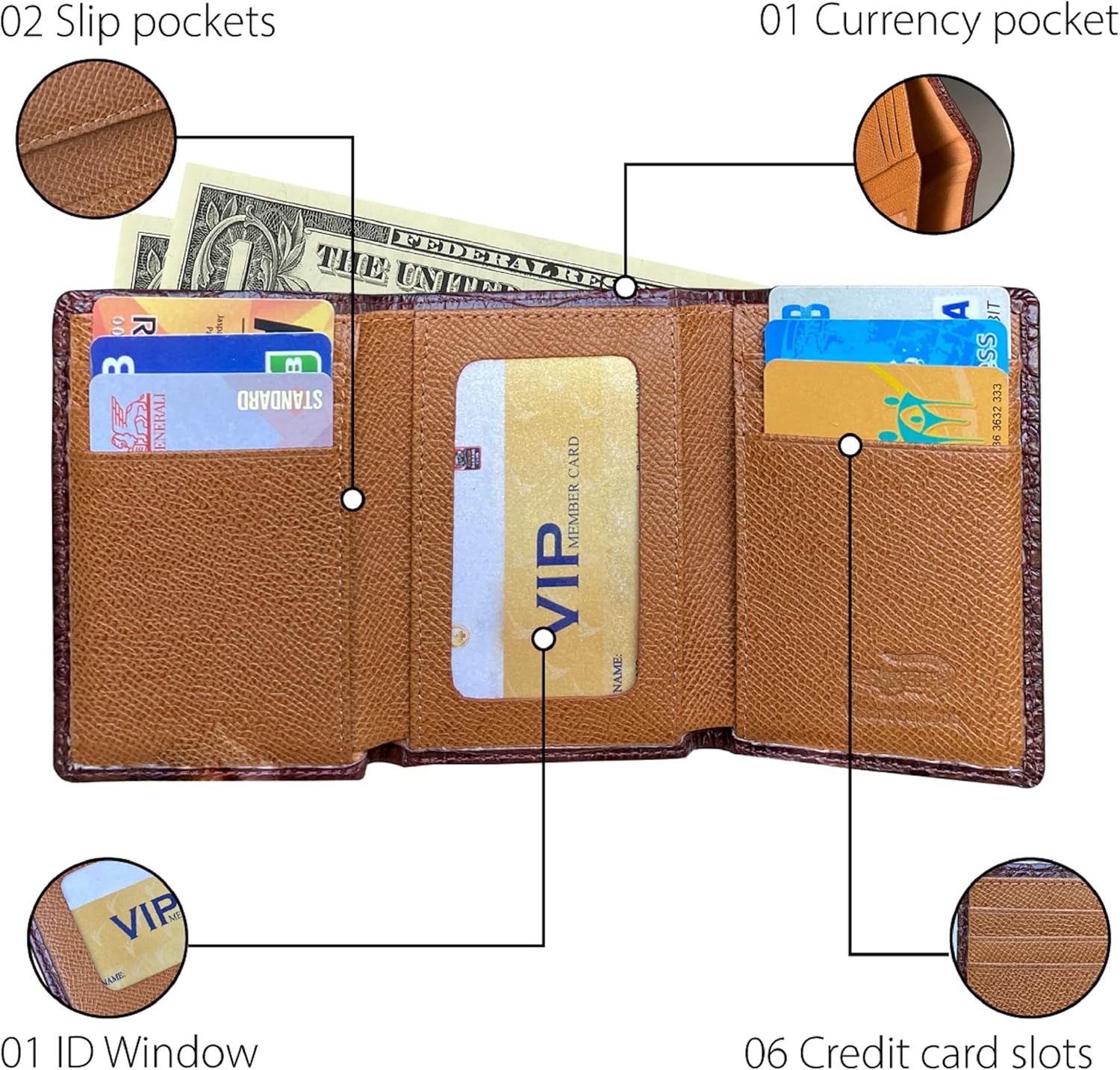HATA Brown Men Leather Trifold Wallet Large Capacity Triple Fold with 8 Credit Card Slots Front Pocket AIIigator Wallet RFID Blocking Birthday Gift Dad Husband TRI36