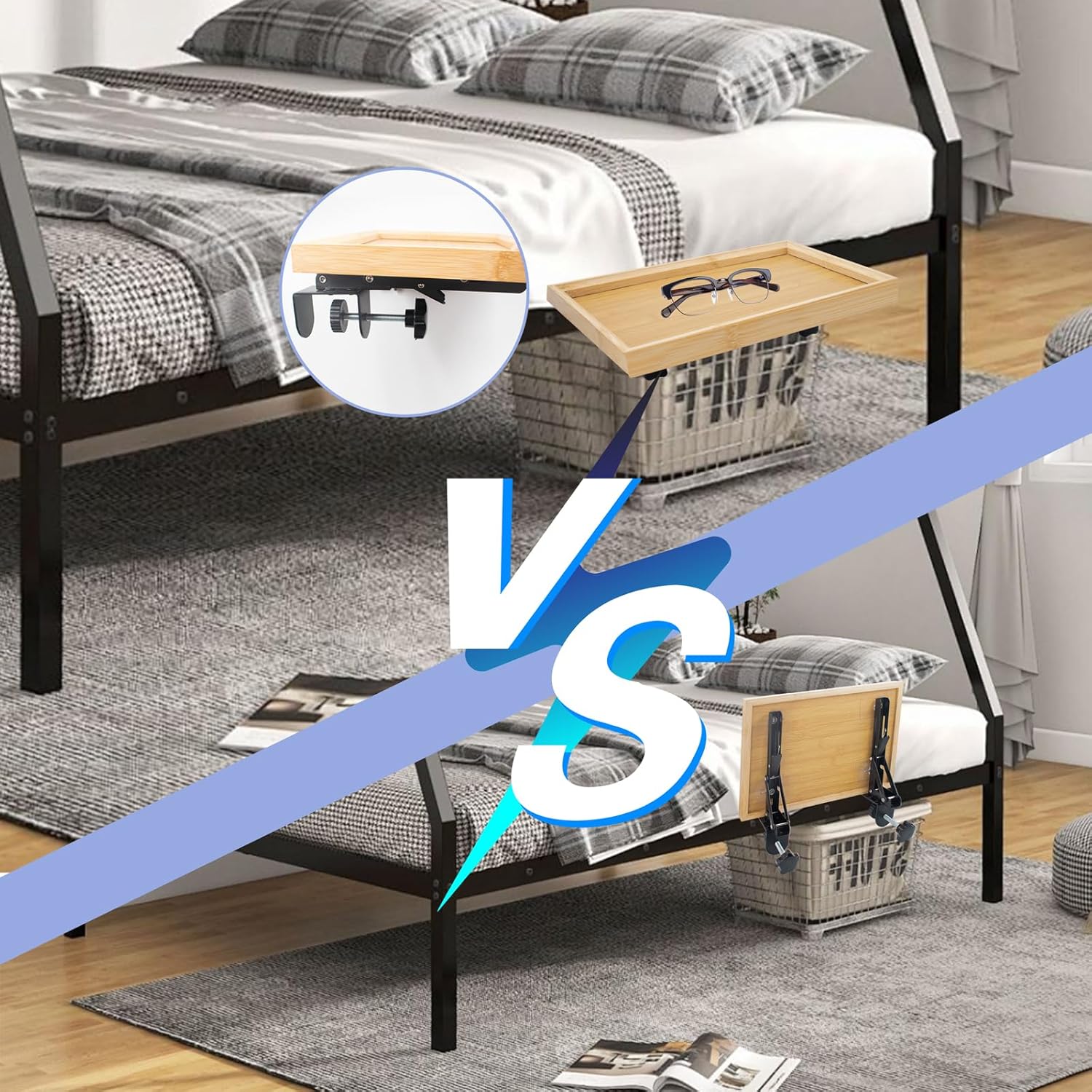 SnowTing Foldable Bedside Shelf, Metal Clip-On Mount and Bamboo Tray for Top Bunk, Side Bed Organizer Simple Nightstand for Home College Dorm Bunk Bed Table Shelf