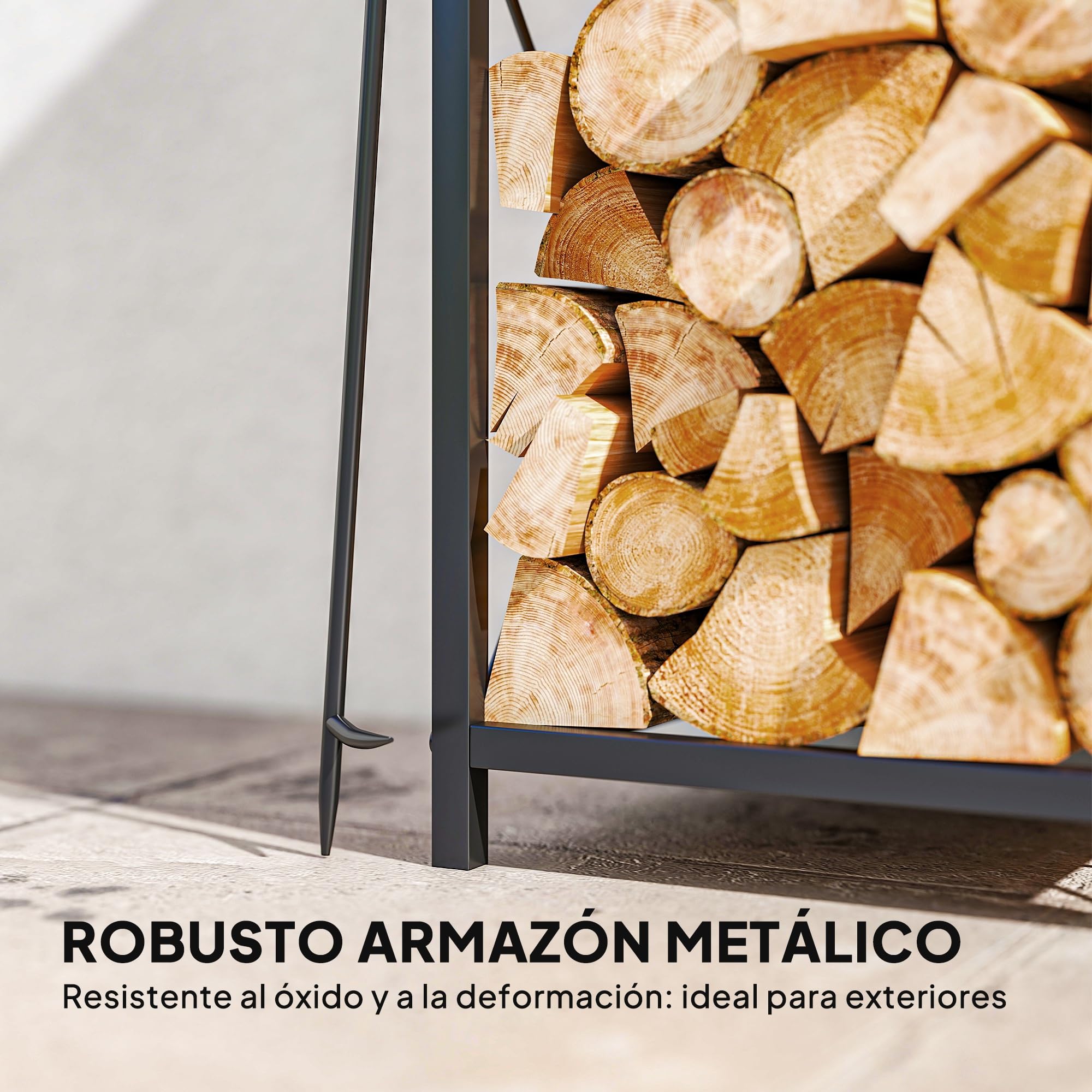 Outsunny Estante de Leña Metálico de Chimenea, Soporte para Leña de 2 Niveles, Leñero Exterior con 4 Herramientas, Ganchos y Base Elevada, para Interior y Exterior, 34x30x80 cm, Negro