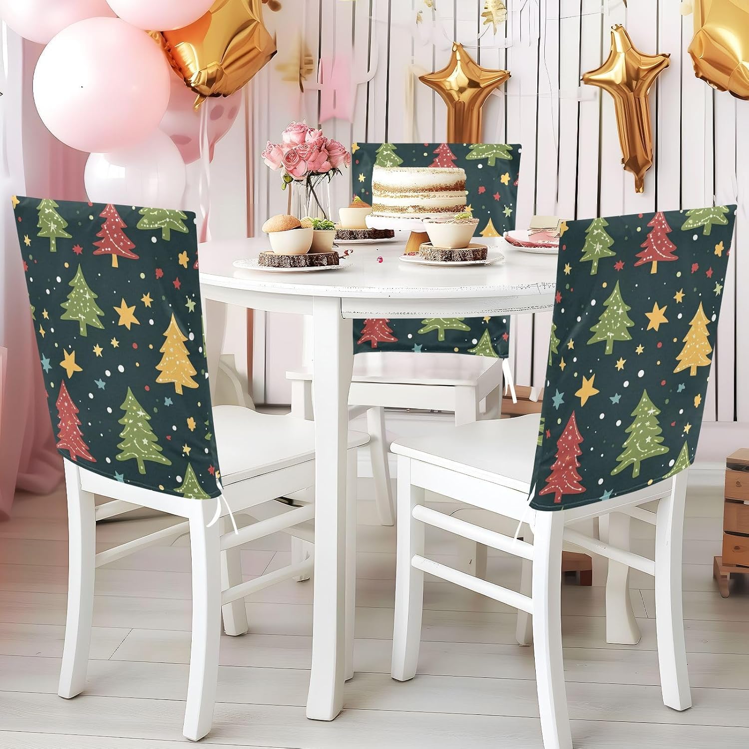 ALAZA Christmas Trees Stars Chair Back Cover Set of 6, Washable Reusable Removable Chair Slipcovers Decorative Chair Cover for Home Kitchen Wedding Party