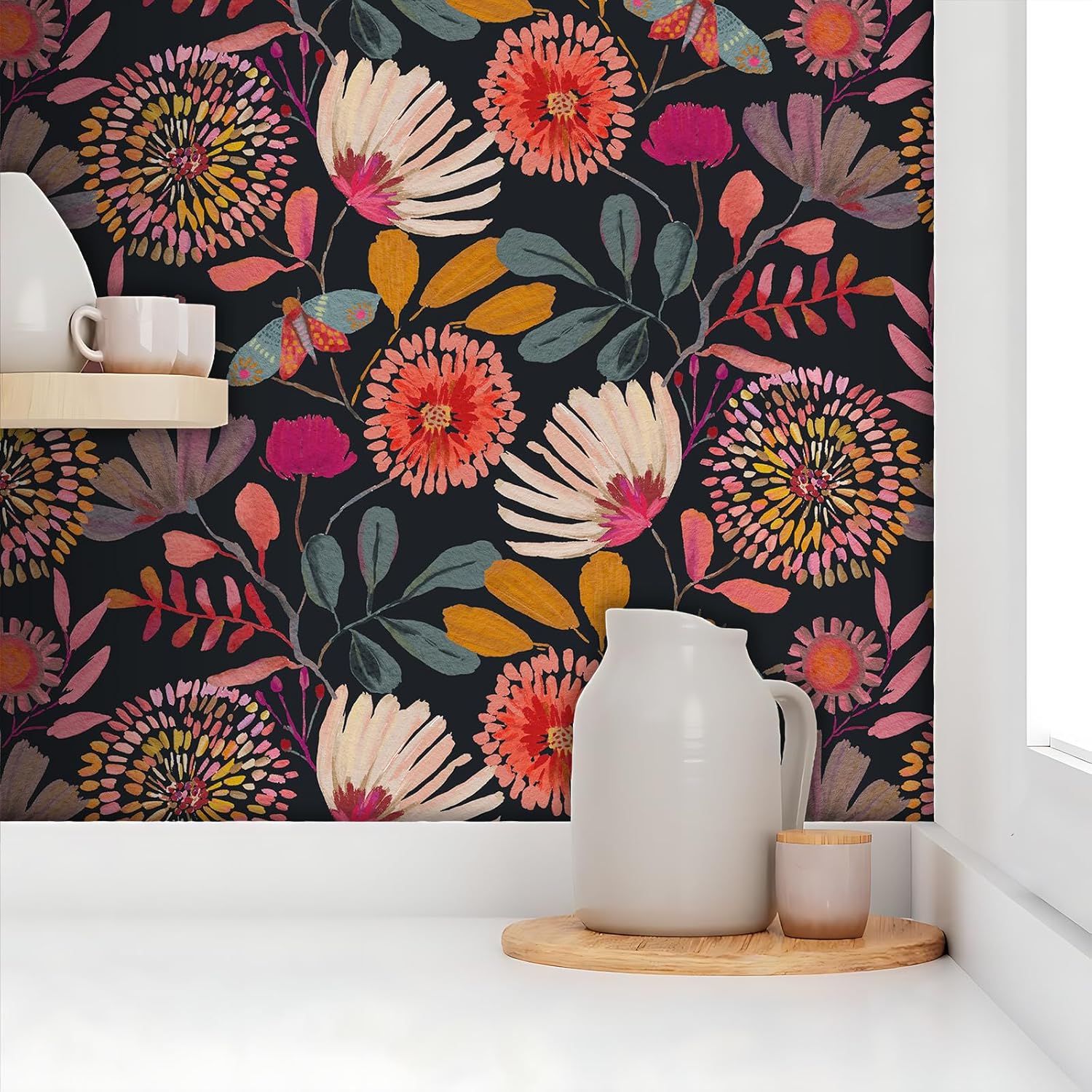 Wallpaper Peel and Stick Floral Wall Paper Removable Waterproof Navy/Pink/Orange Contact Paper for Bedroom, Bathroom, Home Wall 17.3" x 393.7"