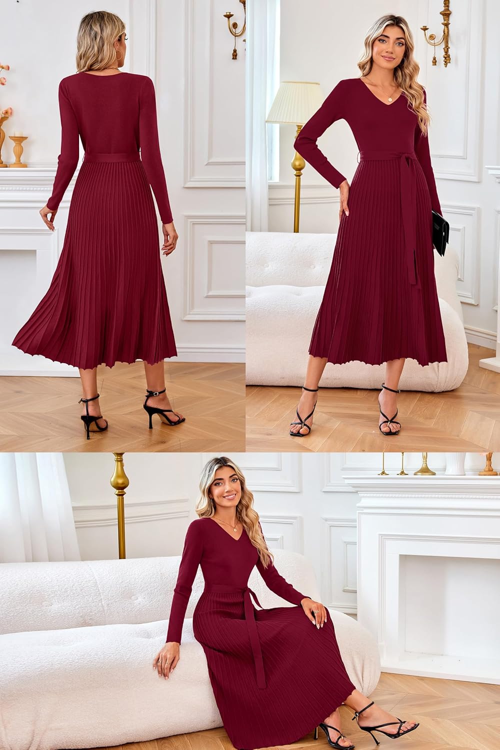 Arach&Cloz Women's Wool Blend Tie Waist Pleated Fall Sweater Dress 2025 - Image 2