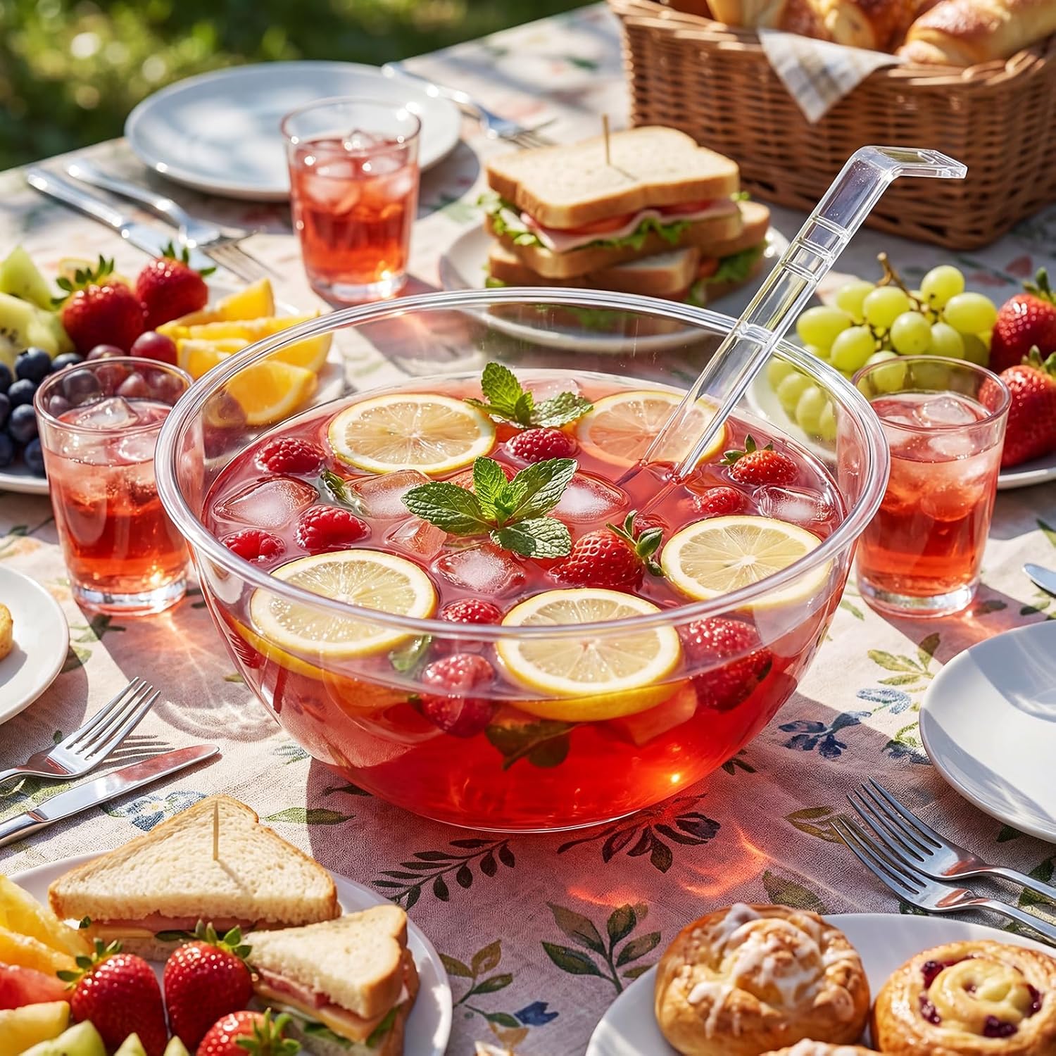 2 Pcs 0.5 Gallon Plastic Punch Bowl with Ladle Quality Large Clear Round Punch Bowl with Ladle for Summer Holidays Parties Serving Salads Snack Candy Chips
