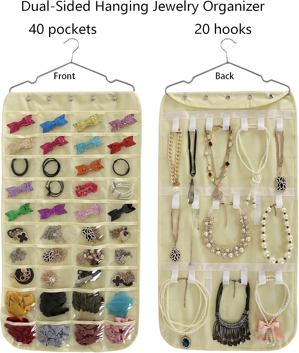 Jucoan 2 Pack Hanging Jewelry Organizer, Double Sided 80 Pockets and 40 Hook & Loops Closet Jewelry Organizer, Necklace Holder for Earrings, Bracelet Ring, Hair Accessories (Beige, Black)