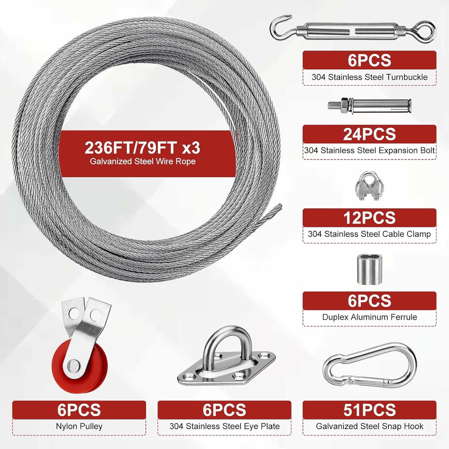 Batting Cage Cable Kit for 55FT Nets + 30 Sets 1-7/8" Nylon Pulley Kit DIY for Backyard/Facilities/School Baseball Softball Hitting Tunnels