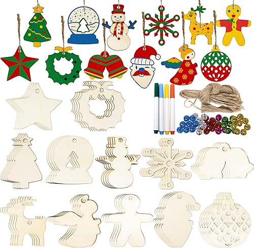 Miniatura 7 de JOYIN 48 piezas de adornos de madera de Navidad, rebanada de madera uniacabada para bricolaje, adornos colgantes de Navidad para regalos de Navidad
