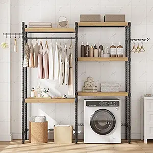 GarveeHome Over-The-Washer Dryer Shelf 28" - 5-Tier Adjustable Laundry Organizer with Double Wood Shelves, Space-Saving Storage for Bathroom, Laundry Room, Balcony, Oak