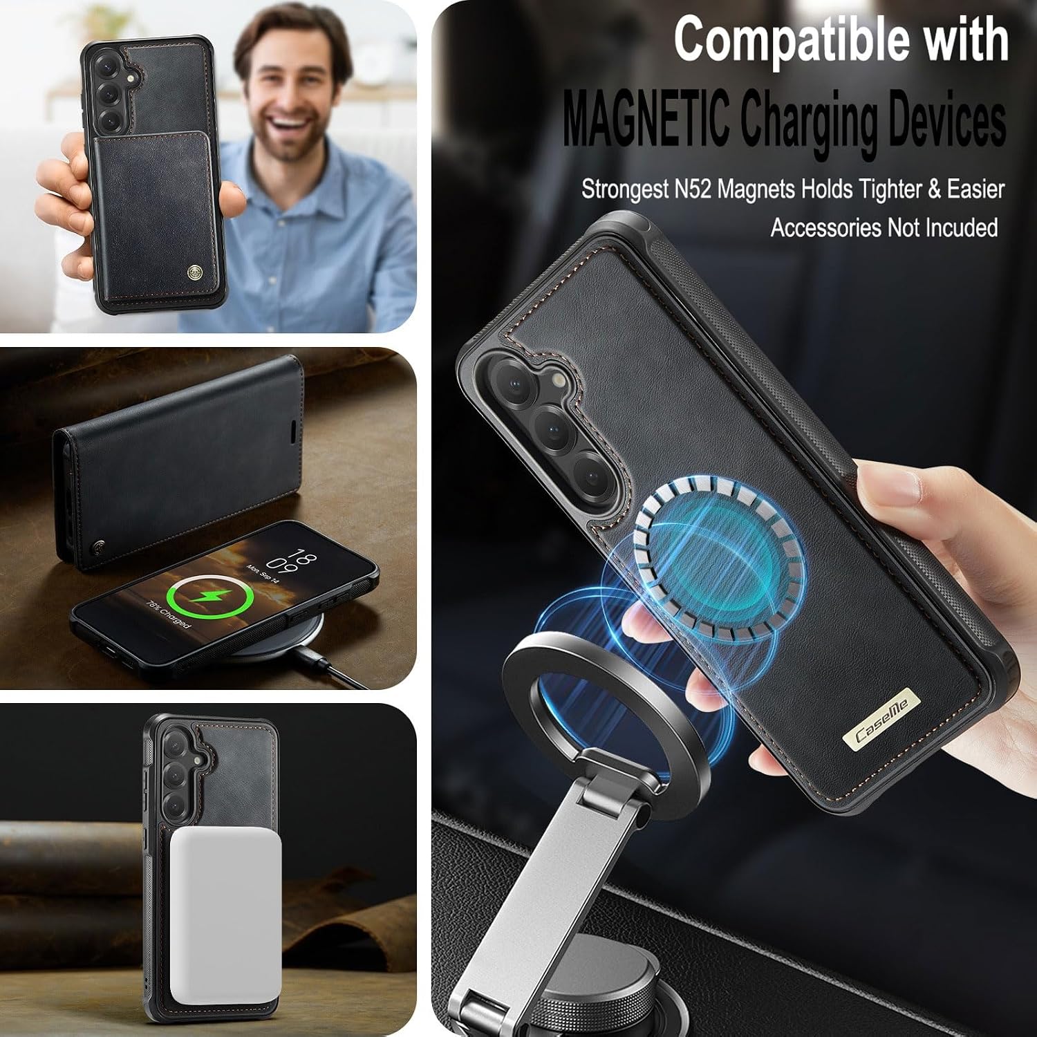 for Samsung Galaxy A54 5G 2-in-1 Magnetic Detachable Leather Wallet Case with Card Holder, RFID Blocking, Kickstand & 360° Protection, Compatible with Magnetic Charging Devices (Black)