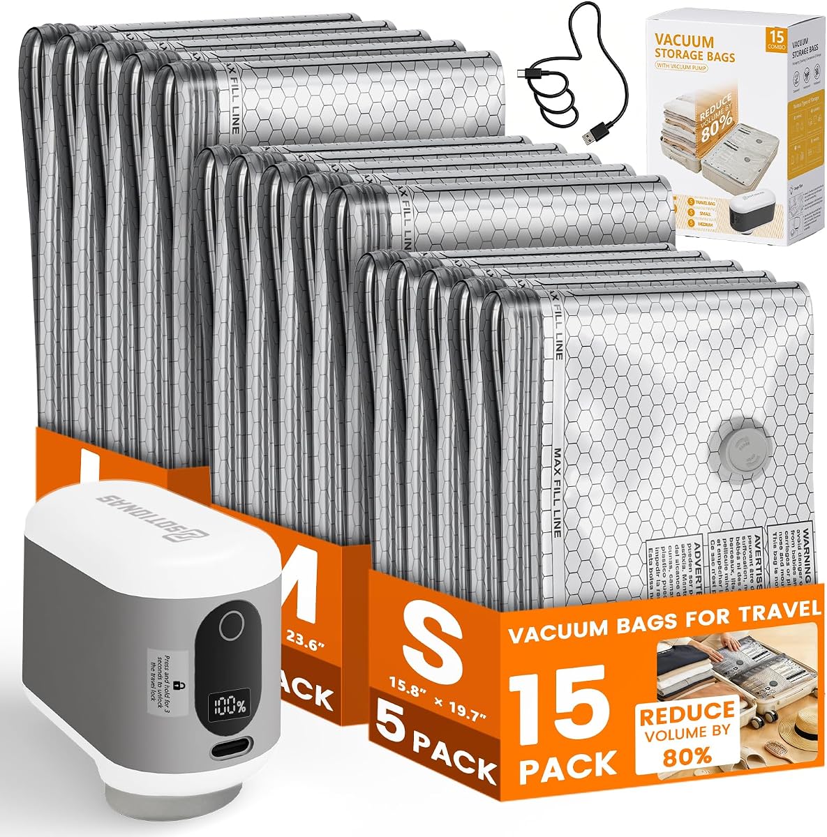 Cruise Essentials 2026, 15 Pack Vacuum Seal Bags for Clothing Travel | -60KPa Rechargeable Wireless Pump, Space Saver, Carry-On Sizes Compression Packing Bags for Luggage Suitcase Seasonal Storage