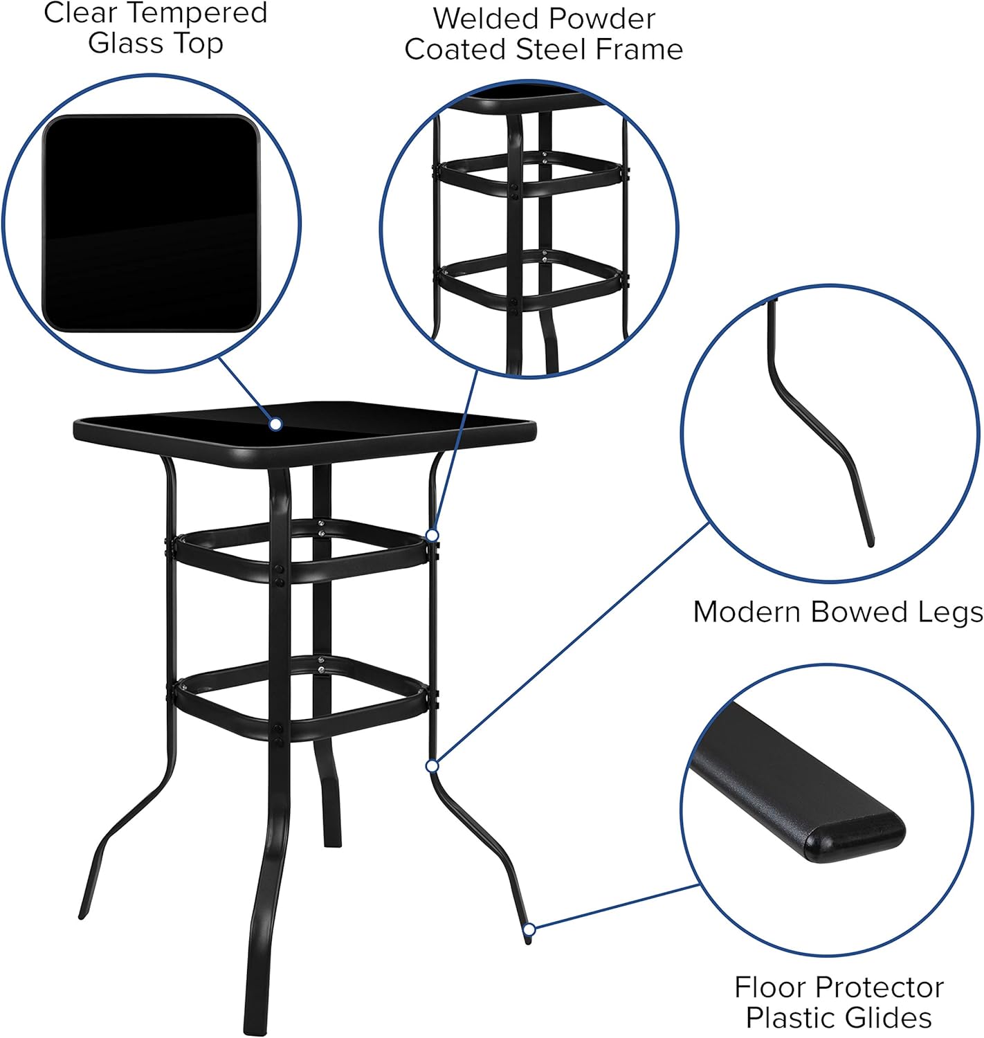 Flash Furniture 27.5" Square Black Tempered Glass Bar Height Metal Patio Bar Table : Patio, Lawn & Garden