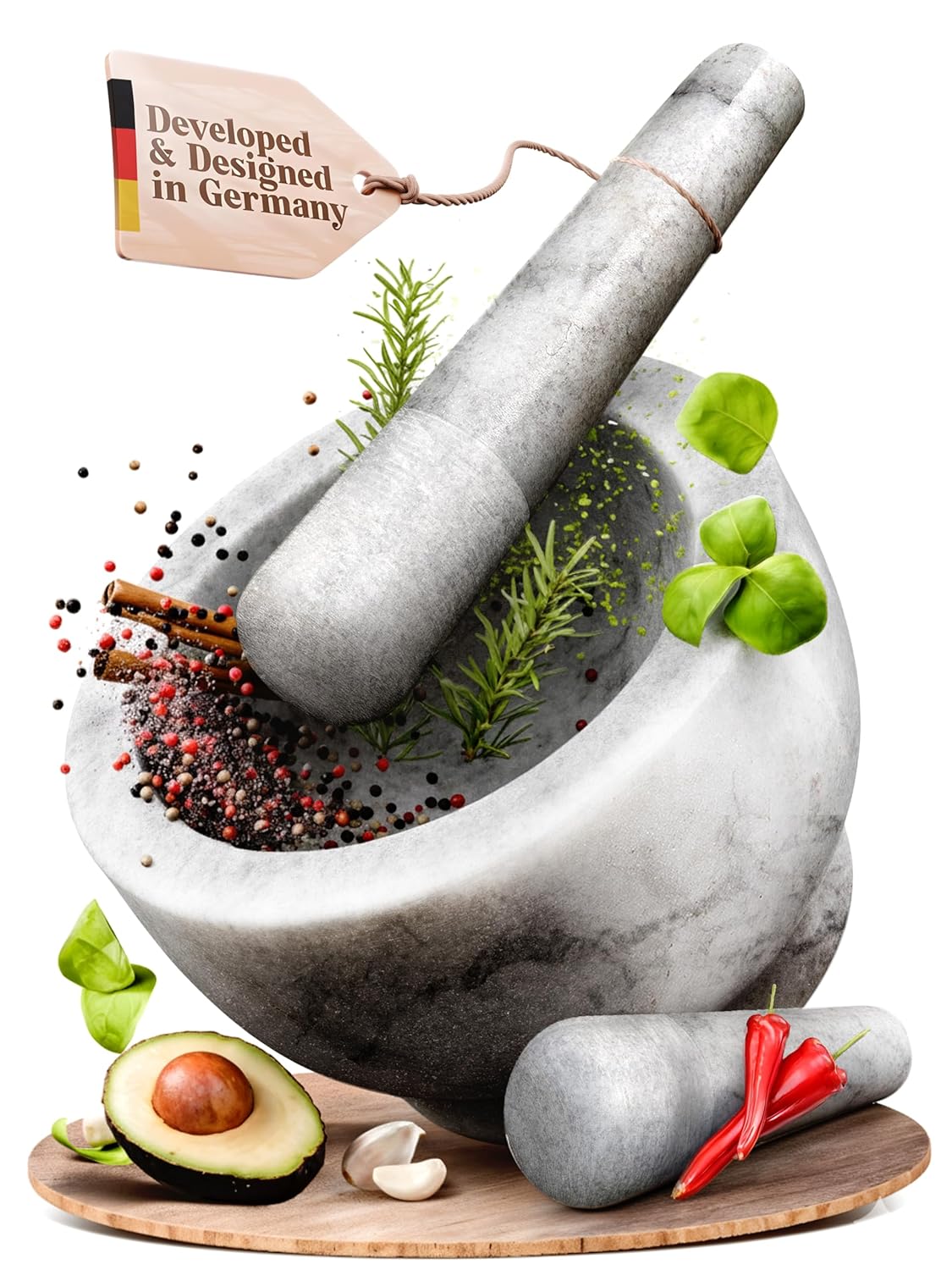 ChefSofi Marble Extra Large 8 Inch 5 Cup-Capacity Mortar and Pestle Set - One Huge Mortar and Two Pestels: 8.5 inch and 6.5 inch