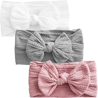 3 diademas de turbante para bebé, diademas para el pelo de bebé, lazos para niñas, diademas con lazo suave, bandas elásticas para el pelo para niños pequeños recién nacidos (gris/blanco/rosa)