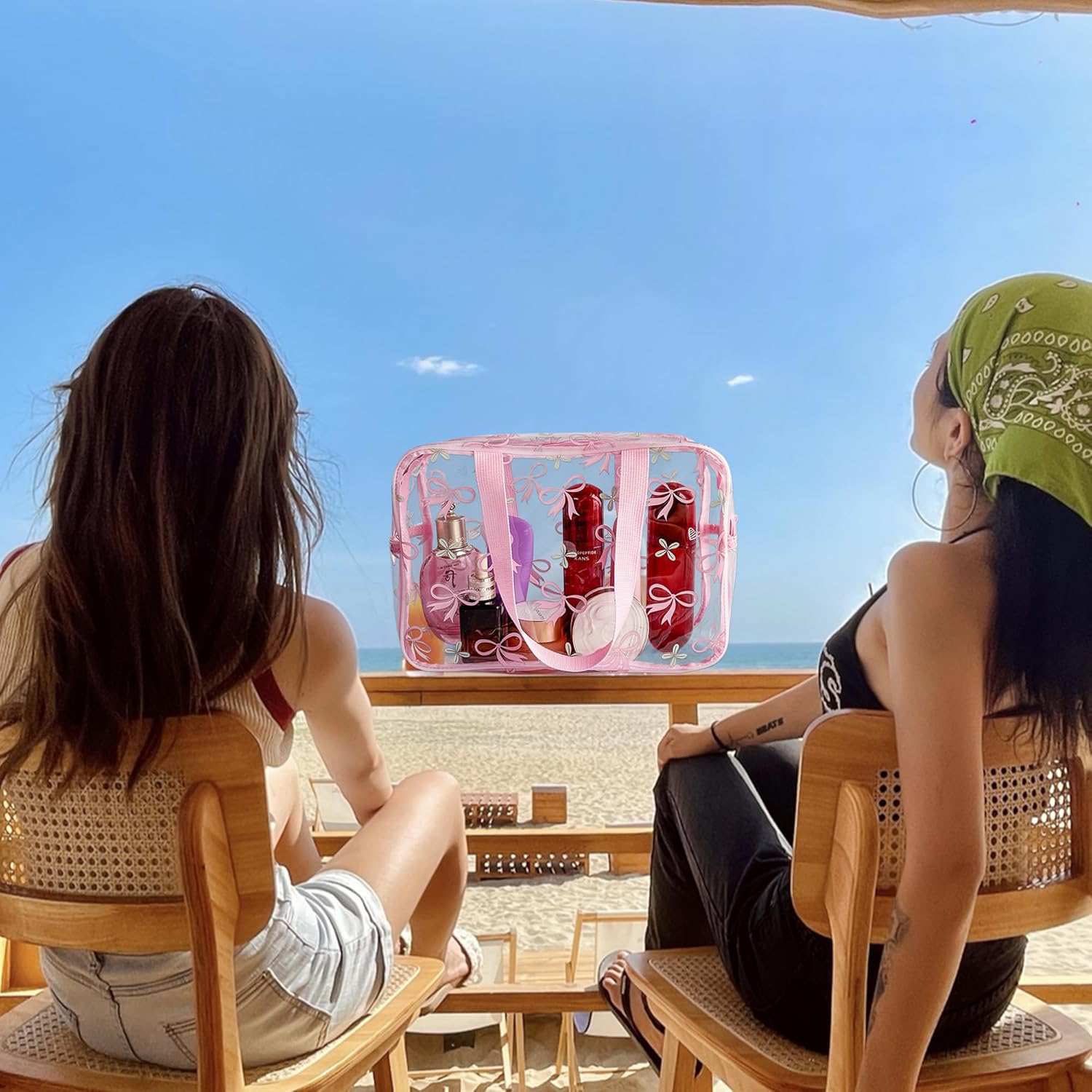 Flower Makeup Bag - Clear Printable Vinyl Cosmetic Pouch, Waterproof Small Clear Gift Bags for Travel & Organizer (Pink Bow) - Image 5