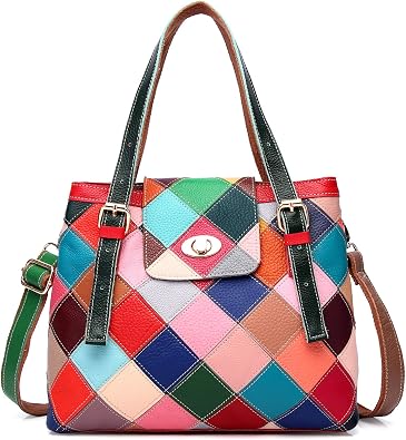 Women Multicolor Tote Bag Genuine Leather Colorful Square Stitching Handbag Purse Ladies Bohemian Design Handbag Vintage Patchwork Crossbody Bags