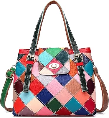 SegaterÂ® Women Multicolor Tote Bag Genuine Leather Colorful Square Stitching Handbag Purse Ladies Bohemian Design Handbag Vintage Patchwork Crossbody Bags