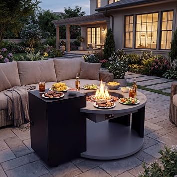 Round Outdoor Fire Table with Propane Tank Cabinet, 50000BTU Aluminum Alloy Fire Pit Table for Patio Grey & Black 42W x 31.5D x 22.6H