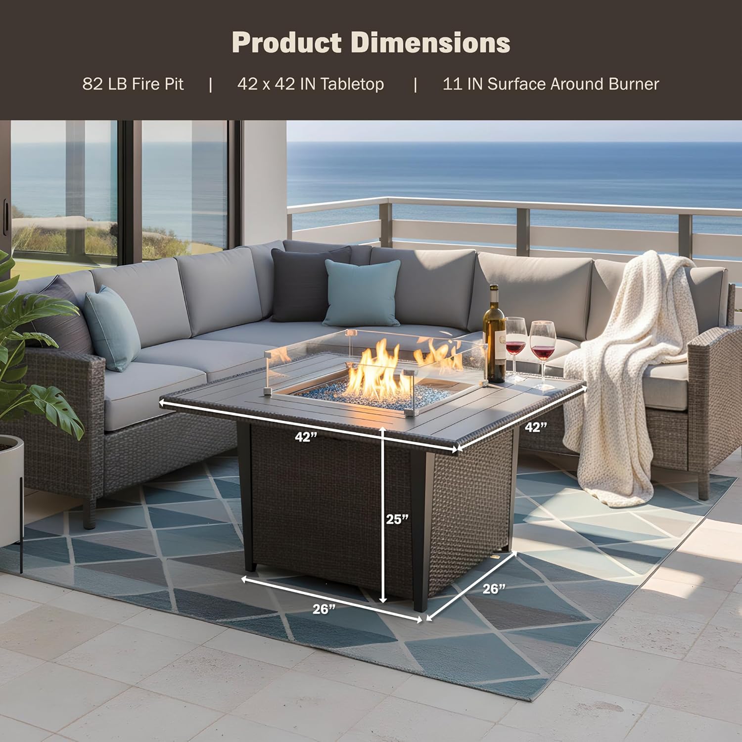 Kinger Home Ethan Rattan 42-Inch Propane Gas Fire Pit Table, Outdoor Patio Firepit, 50,000 BTU, Includes Wind Guard & Fire Glass