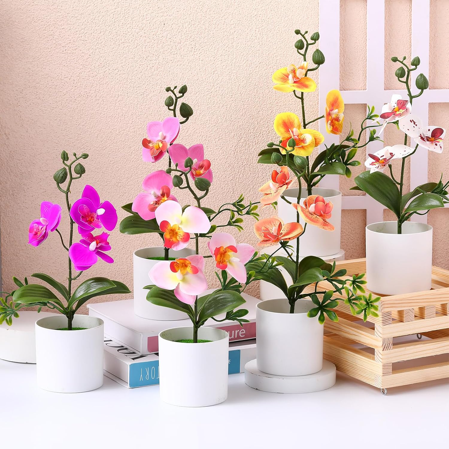 Thiccywoov 8 Pack Artificial Orchid Flowers Mini Potted Orchids Fake Orchids with Plastic Vase for Table Centerpiece Home Office Wedding Desktop Decoration (8 Colors)