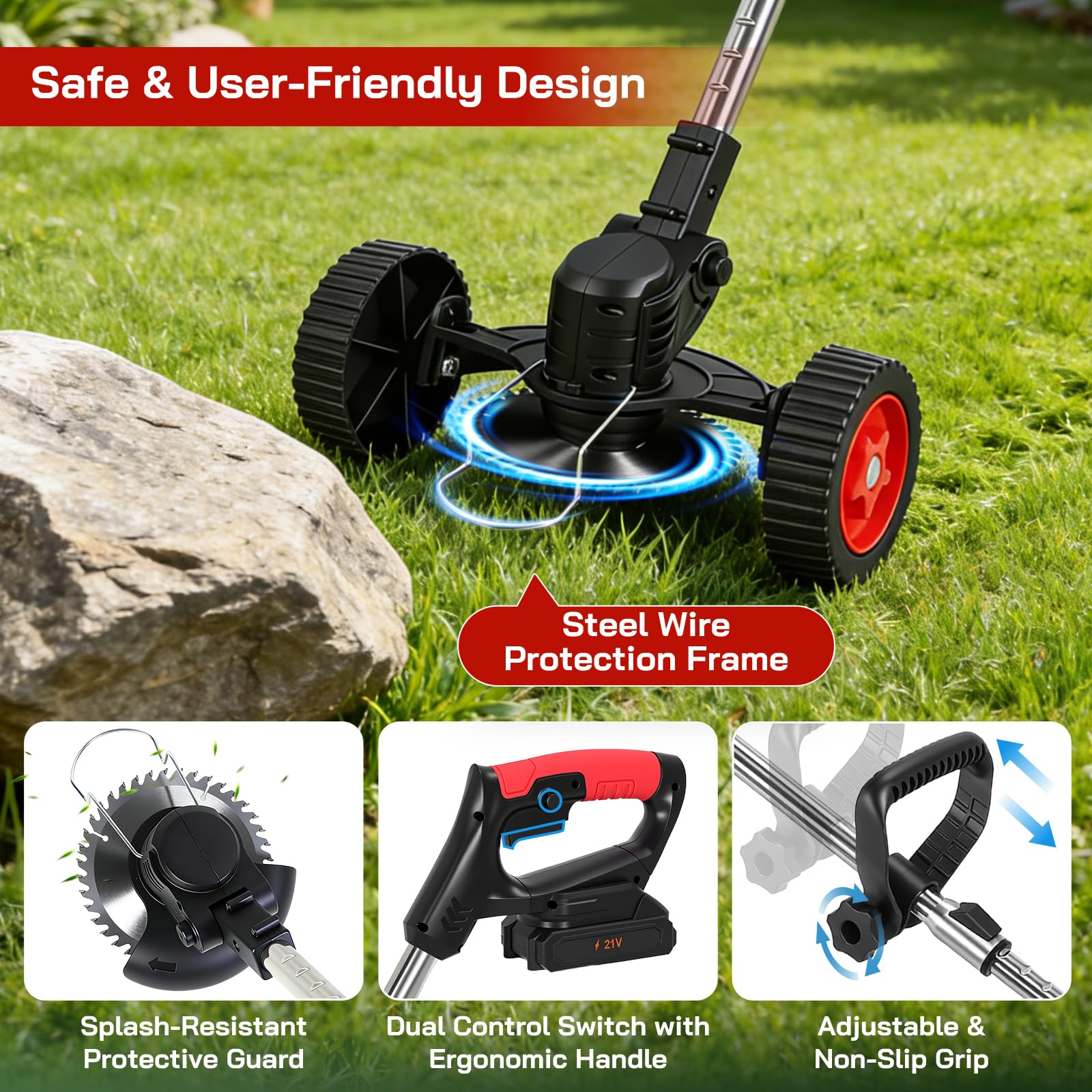 Desbrozadora con batería, 5 en 1 batería con 2 baterías, 4 cuchillas intercambiables para ramas, setos, hierba y musgo, cortacésped eléctrico para patios, jardines y bordes de aceras, altura ajustable