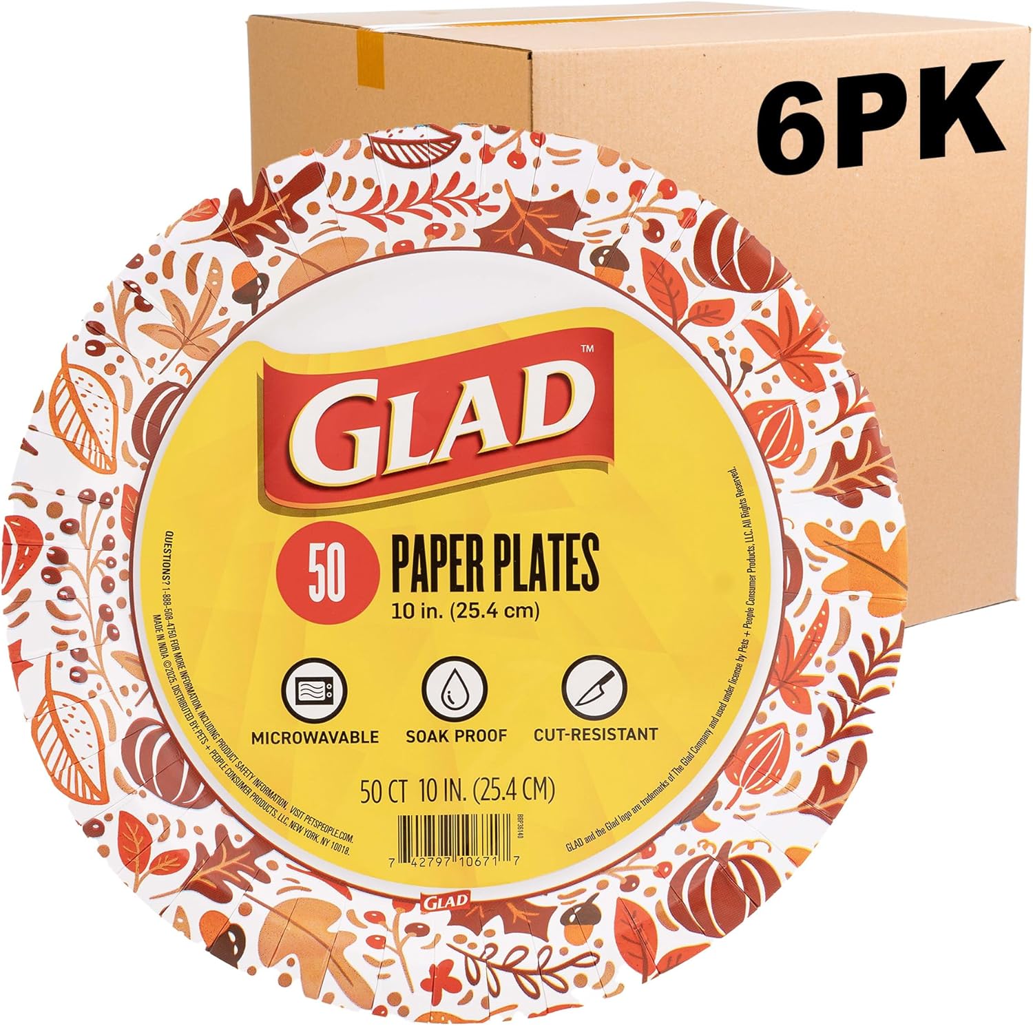 Glad Disposable Paper Plates, Happy Fall Design - Soak Proof, Cut-Resistant, and Microwavable for All Foods, Great for Fall Parties and Everyday Meals, Multicolor, 10 Inch, 50 Count - 6 Pack