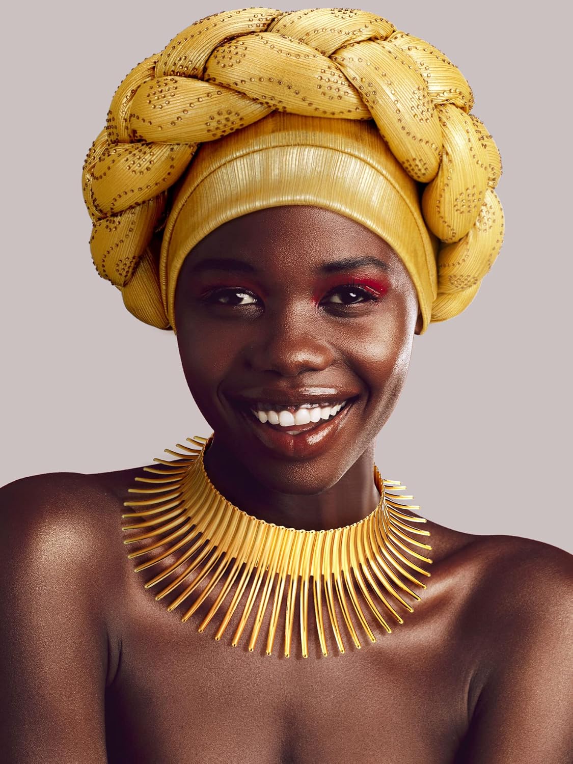 Miniatura 5 de Yinkin Juego de joyas africanas para mujer, para fiestas, doradas, collares, baberos, turbante africano, para fiestas temáticas