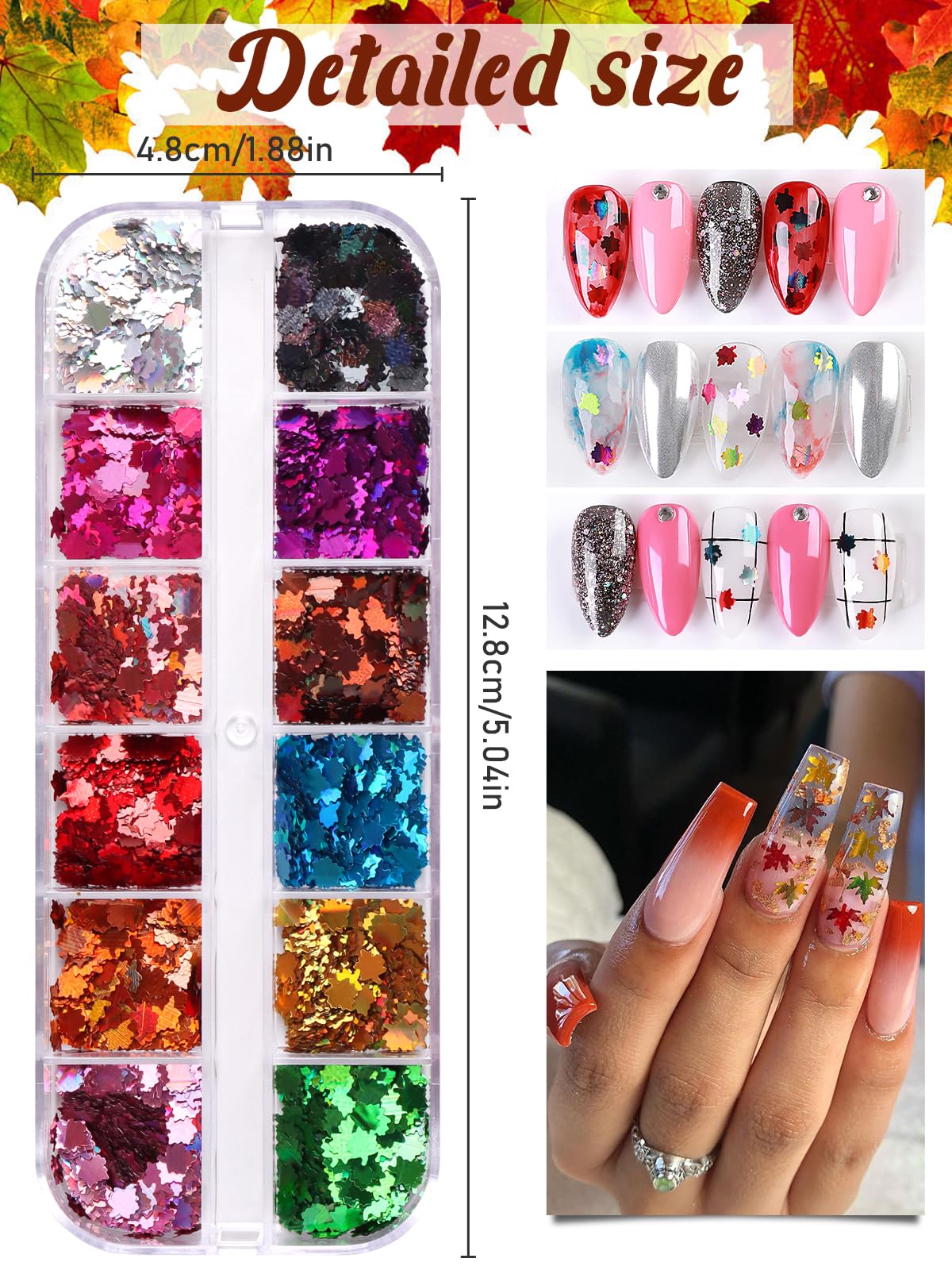 EBANKU Ahornblatt Nail Art Pailletten – 12 Farben Holografische Glitzer-Pailletten Für DIY-Nageldesign
