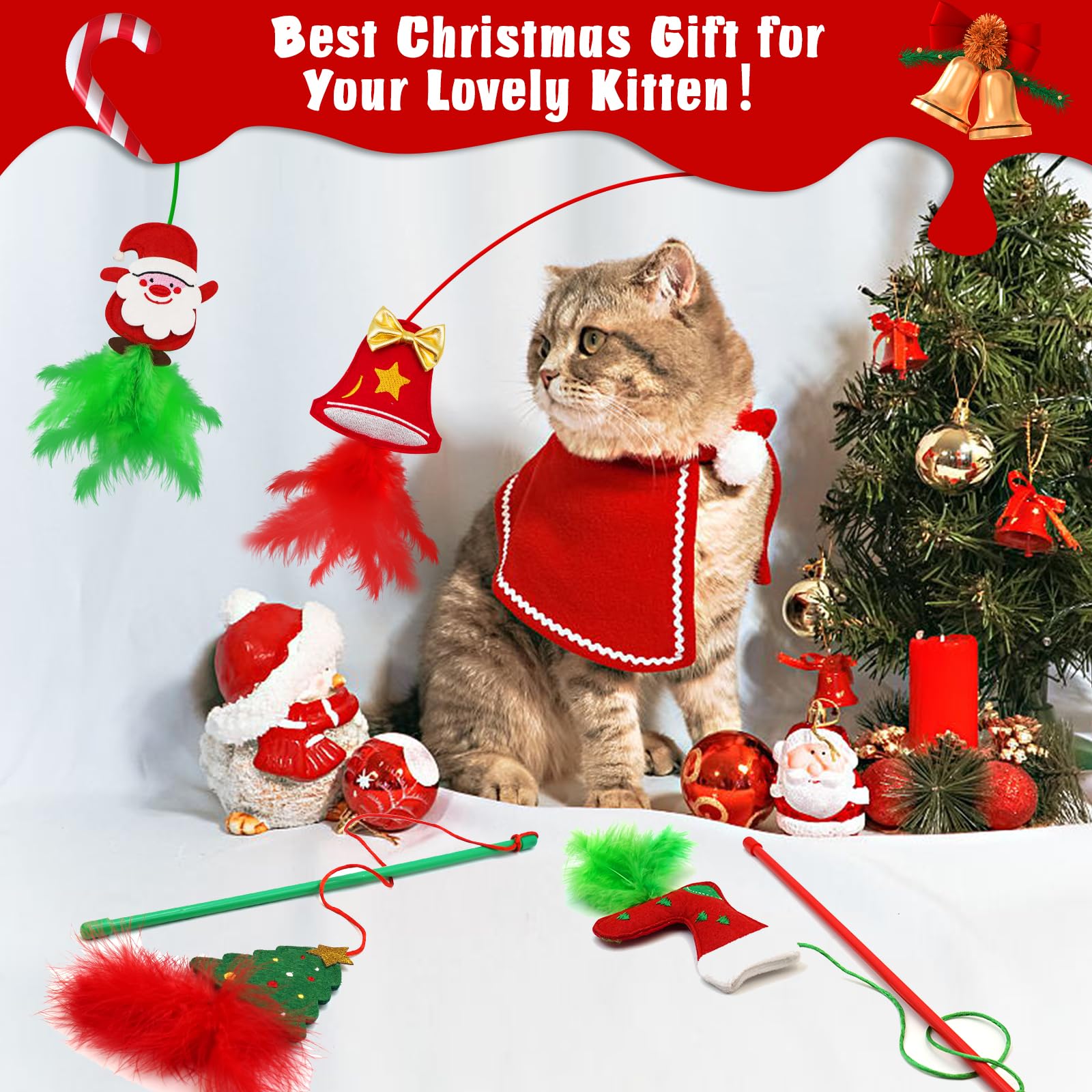 Juguetes de Navidad para gatos, paquete de 4 juguetes de varita para gatos de interior, regalos de gato con hierba gatera y plumas para Navidad, varita de gato de Navidad para gatos y gatitos